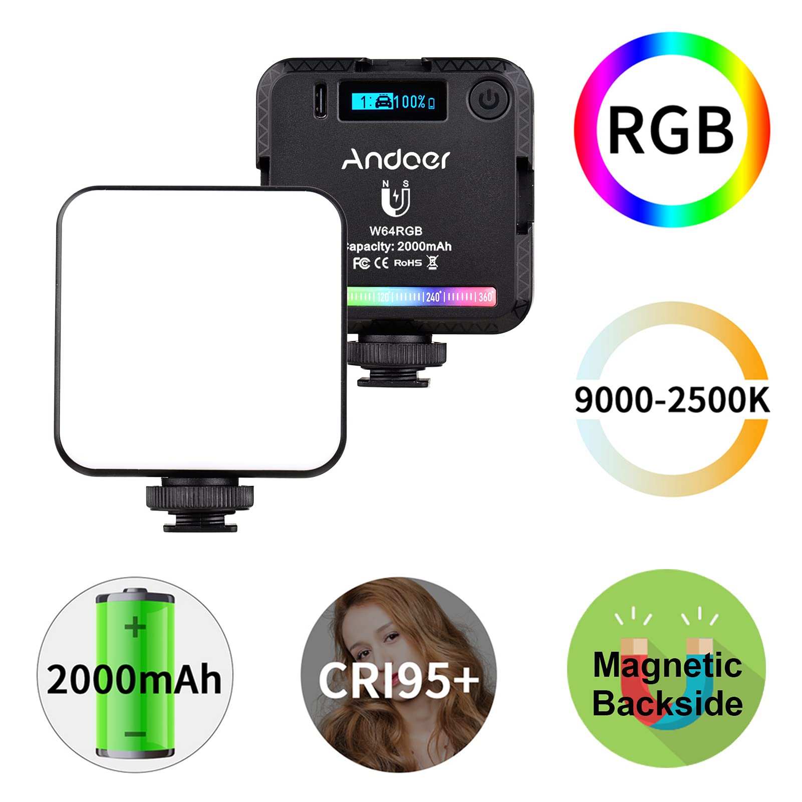 Andoer Mini RGB LED Luz de Video Recargable Luz de Relleno para Fotografía 2500K-9000K Regulable 20 Efectos de Iluminación con Pantalla LCD para Vlog Youtube Tiktok Fotografía
