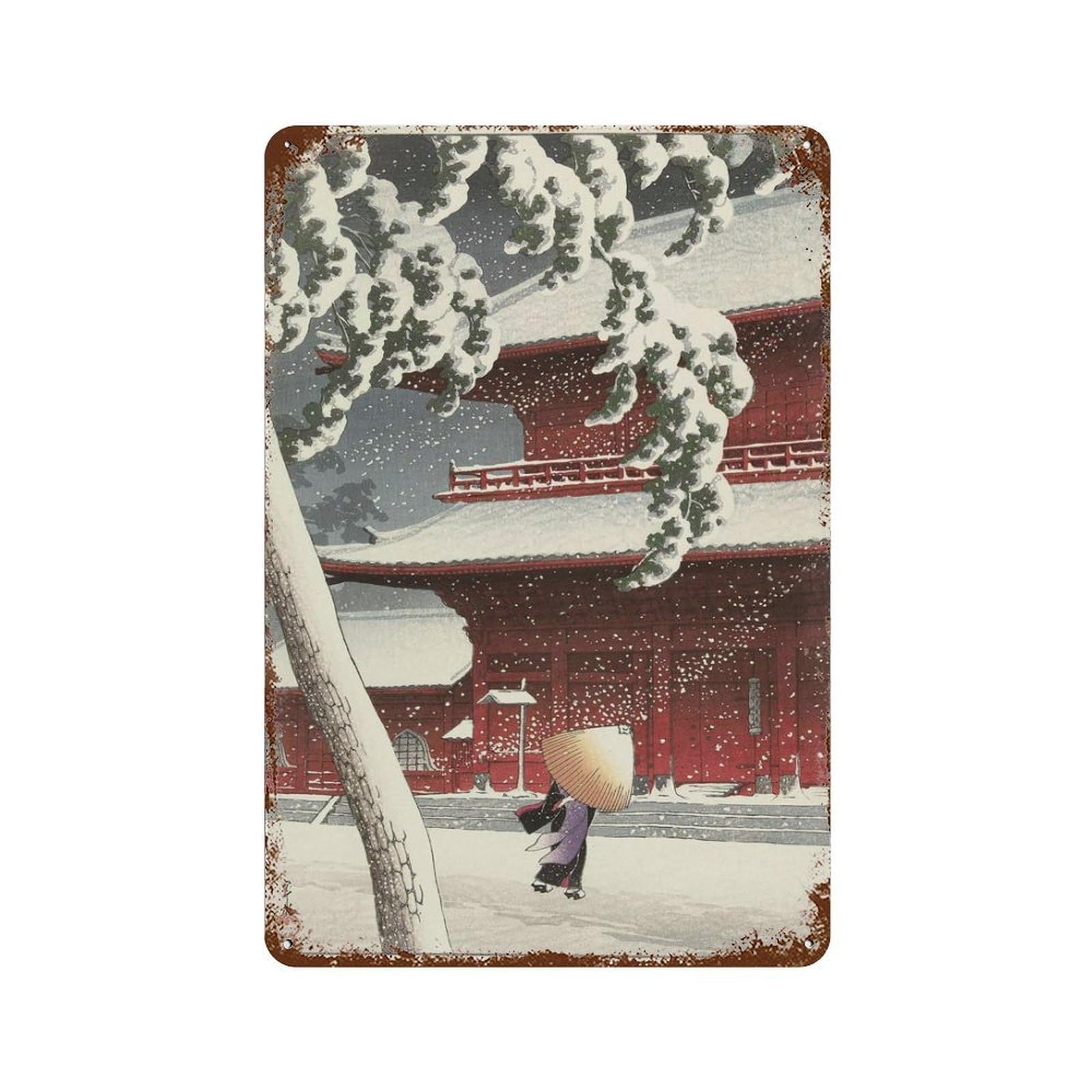 xiaoxiaoshen Kawase Hasui Print, Snow at Zojoji Temple Wall Decor Art Metal Tin Poster Modern Home Decor Art Home Bar Shop Decorations Vintage Sign 30x20cm