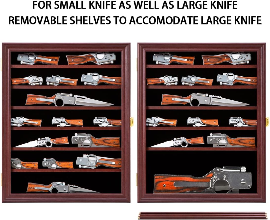 Jinchuan Knife Display Case Pocket Knife Display Stand Military Folding Knife Shadow Box Wall Cabinet with Uv Protection Acrylic Lockable, Cherry