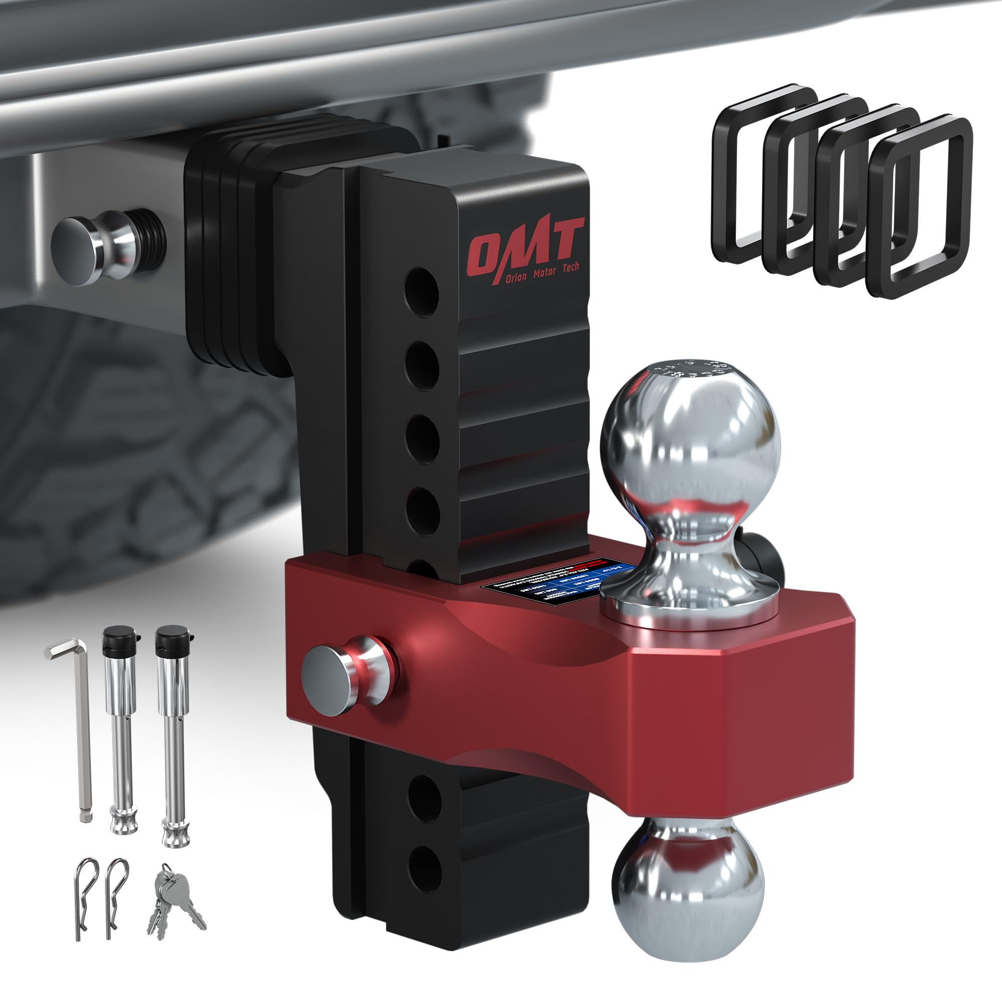Orion Motor Tech Adjustable Trailer Hitch for 2.5 in. Receiver, Dual-Ball Mount Tow Hitch with 8" Drop/Rise 2" & 2-5/16" Balls, Drop Hitch with Locking Pins for Class IV V Vehicles 8000-18500 GTW, Red