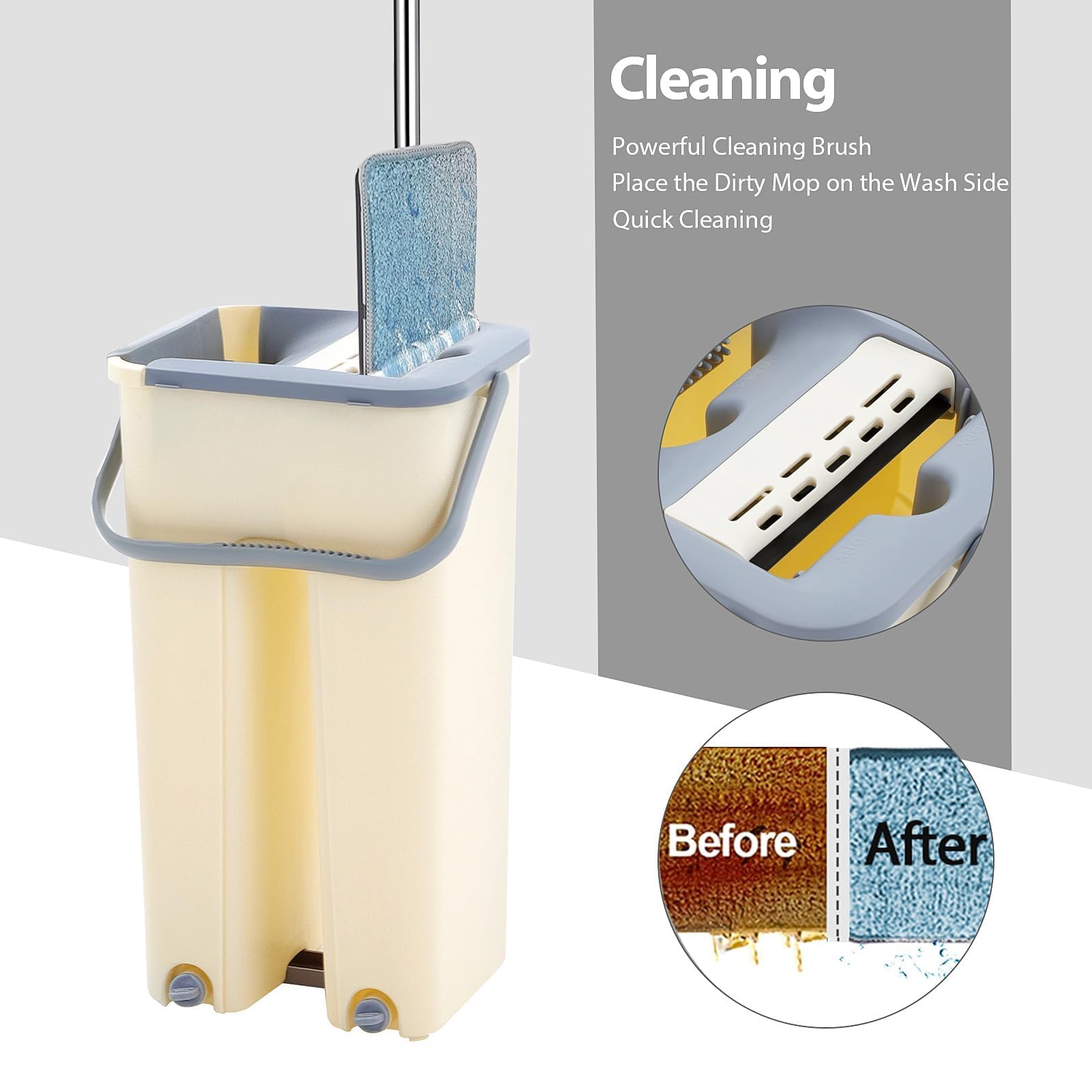 Wischmopp Set mit Eimer – Flacher Bodenwischer mit Auswringfunktion, 2-Kammer Putzeimer System, Edelstahl Teleskopstiel, inkl. 3/4/7/10 Waschbare (4-PC Flat Mop Set)