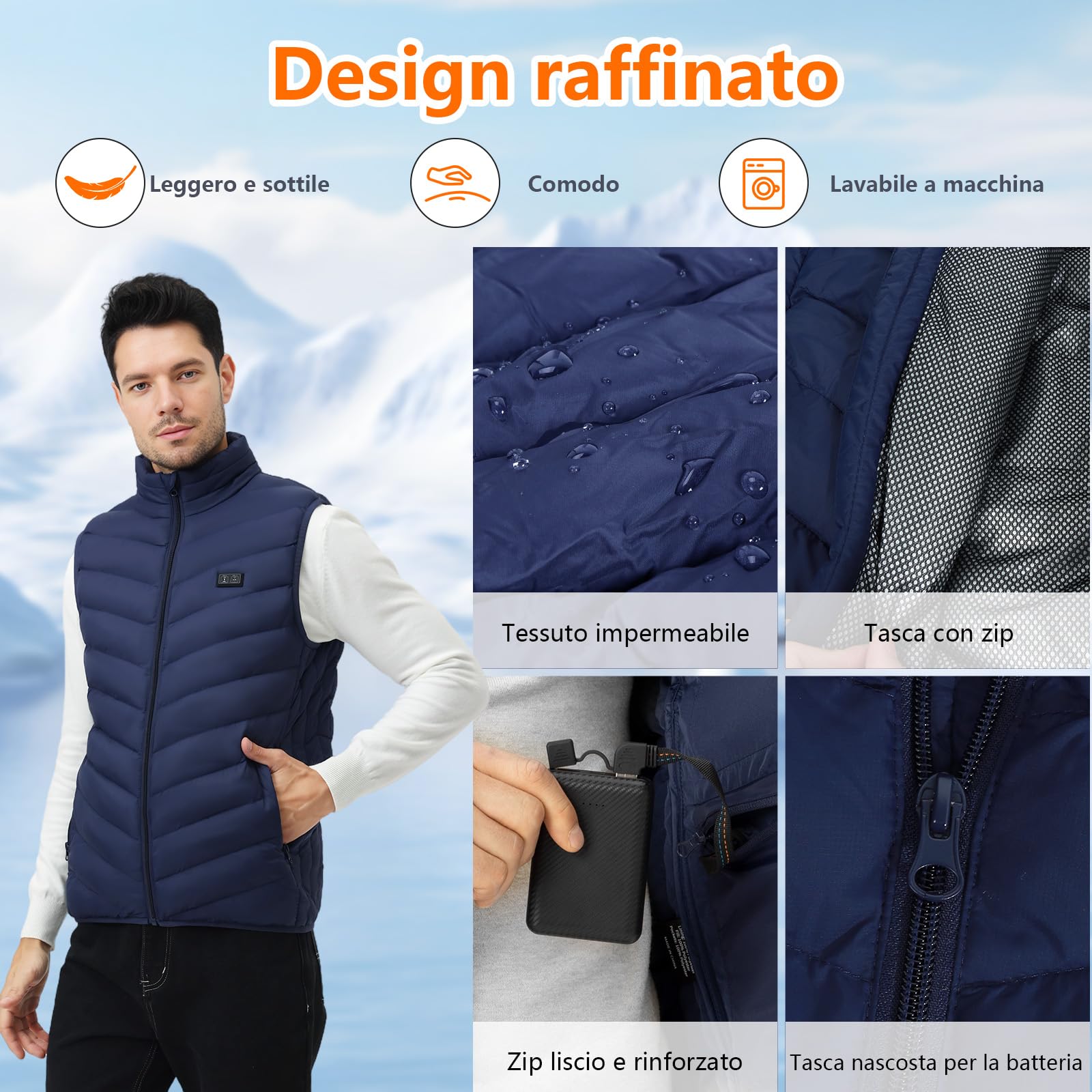 Gilet Riscaldabile per Uomo e Donna, Gilet Riscaldato USB con Batteria da 5 V 10000 mAh, Giacca Calda Invernale per Escursionismo, Caccia, Moto (IT, Testo, S, Regular, Regular, Blu navy)