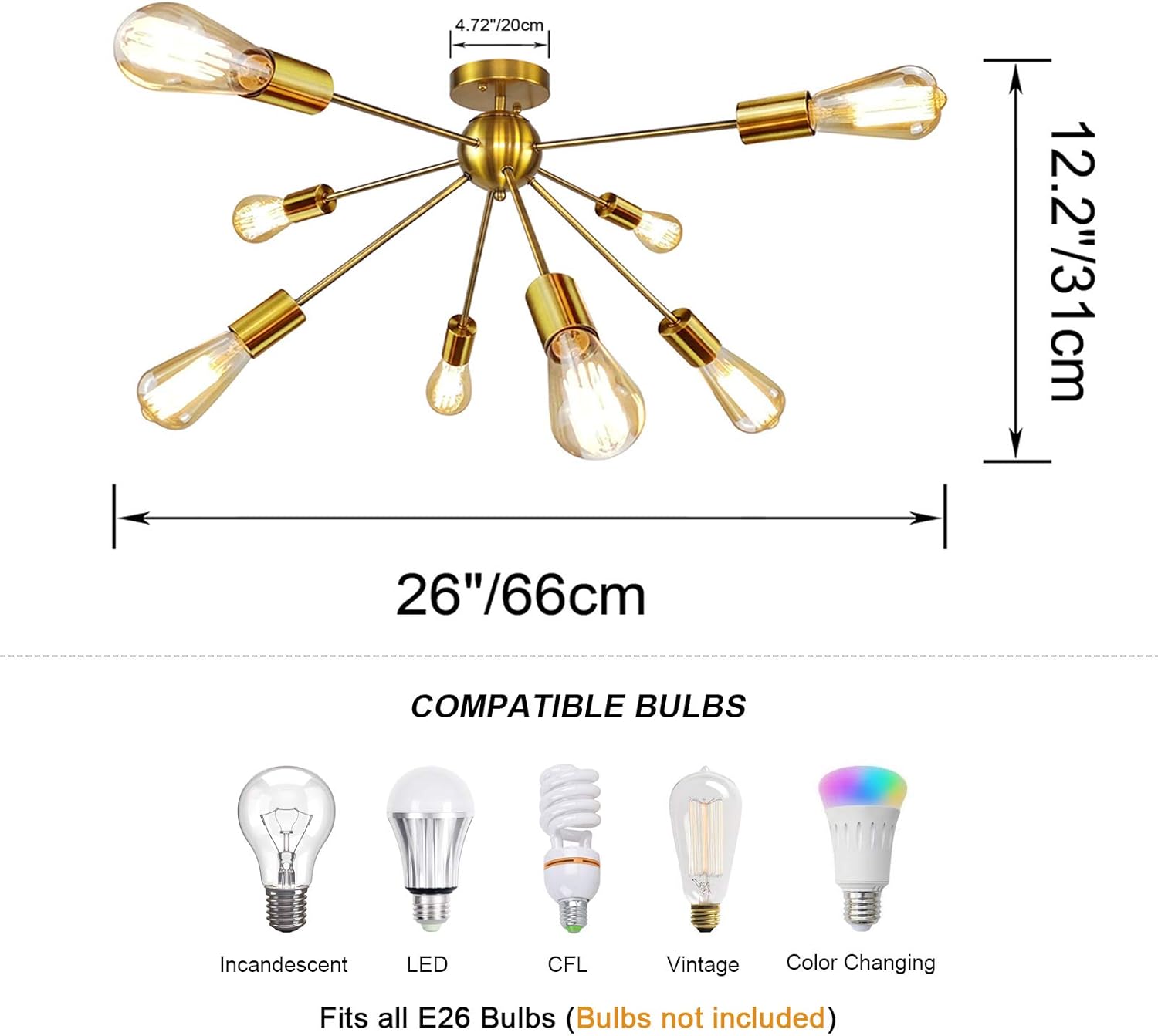 Bеѕt Rеvіеw Modern Sputnik Chandelier Lighting 8 Lights Gold Electroplated Brass Semi Flush Mount Ceiling Light Gold Mid Century Pendant Lighting for Kitchen Dining Room Bedroom Study Living Room Laundry Room