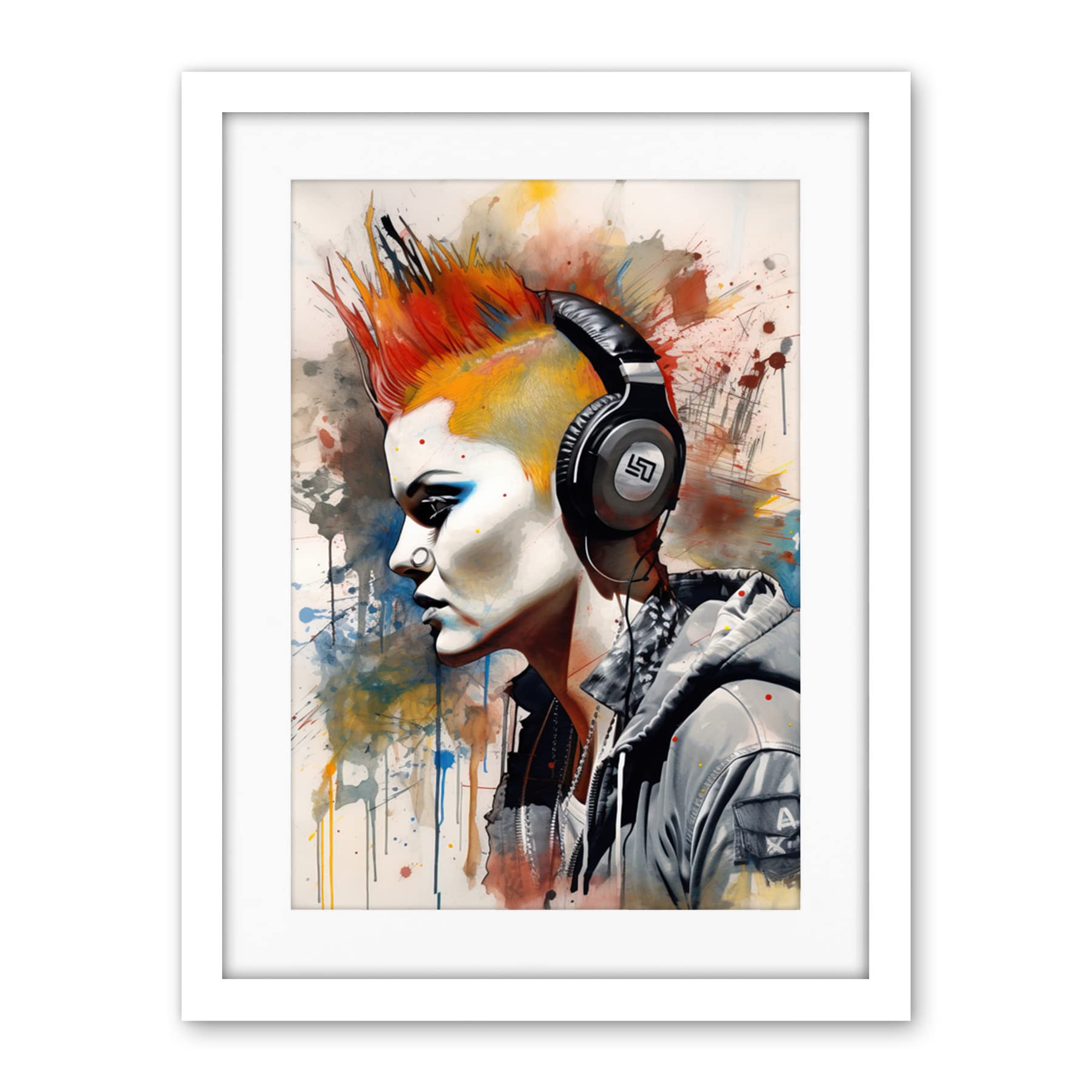 Artery8 Edgy Young Punk Woman with Red Mohawk and Headphones Listening to Music Modern Watercolour Painting Artwork Framed Wall Art Print 18X24 Inch