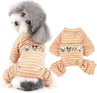 Ranphy Stripe Small Dog Pajamas Cotton Puppy Jumpsuit Fleece Lined Winter Clothes Doggy Soft Pjs Cute Overall Onesies Bodysuits Doggie Romper Sleepwear Outfits Pet Apparel
