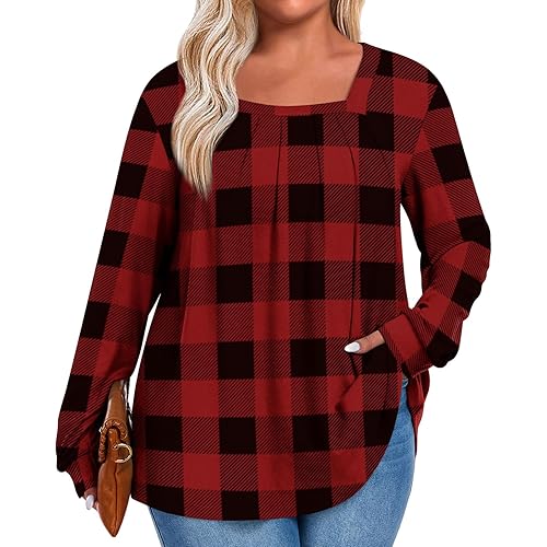 Anymeet Plus Size Tops for Women Long Sleeve Tunic Casual Shirts Square Neck Blouse 1X-5X