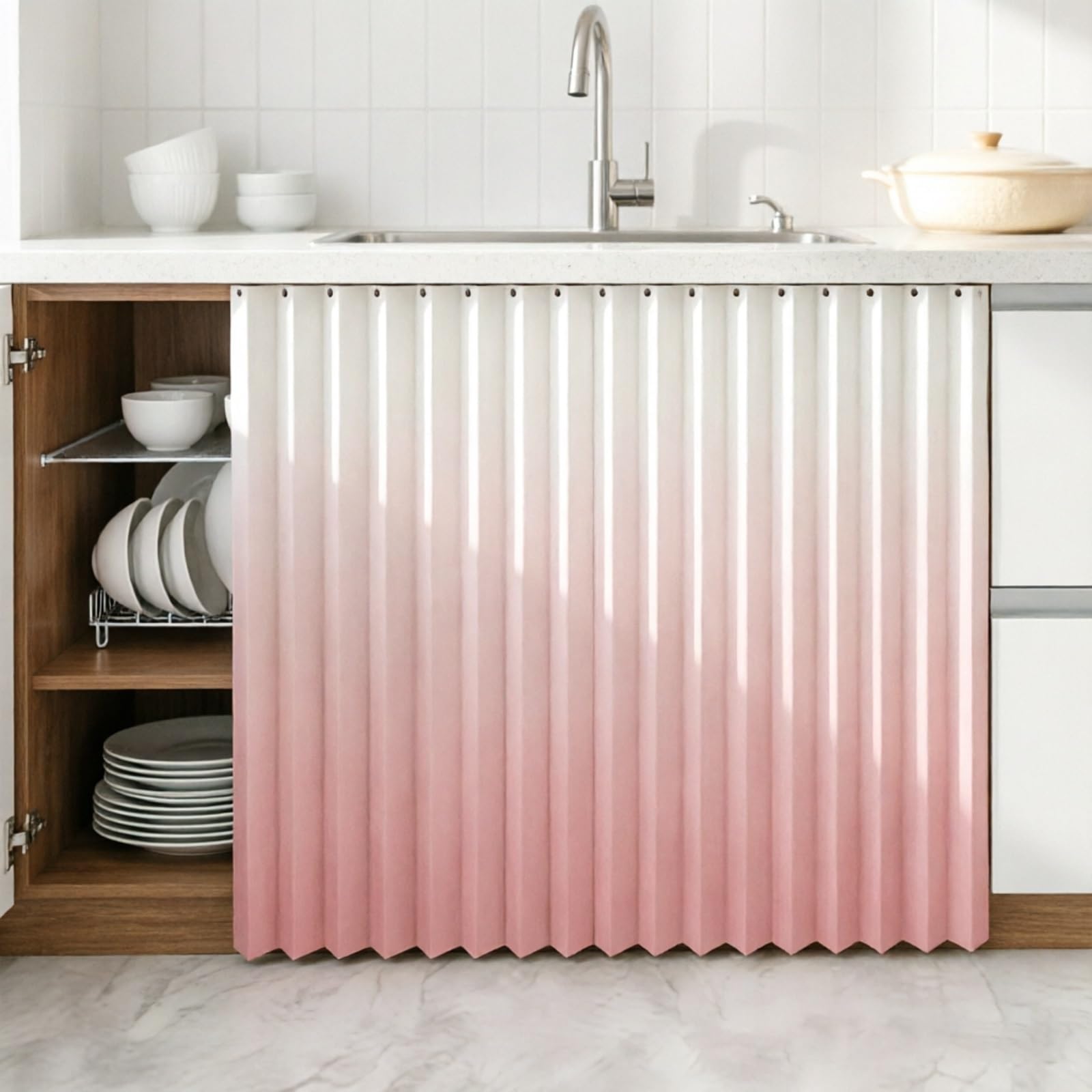 Generico Tenda Cucina, Tenda Sottolavello In Lino Impermeabile Senza Fori | Tenda Copri Mobile, Tessuto Lino Con Binario Adesivo Per Cucina Ordinata