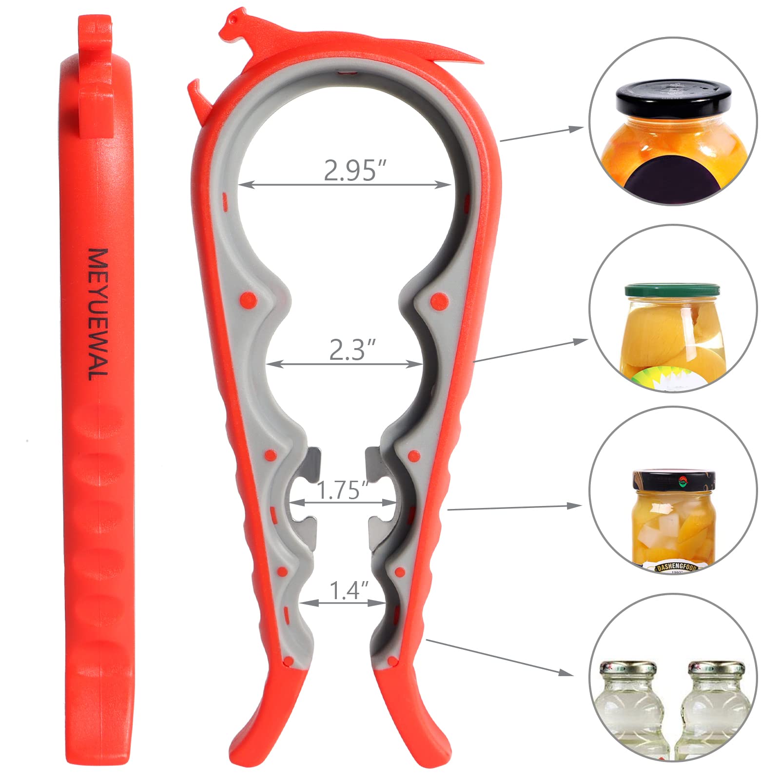 Abridor de tapas 6 en 1, abrelatas y botellas, tarros y latas para personas mayores con artritis o manos débiles, resistente y borde liso, color rojo