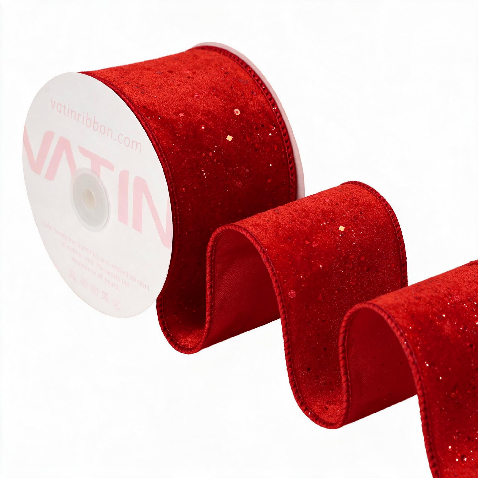 VATIN Red Glitter Wired Ribbon, 65 MM x 9 M, Christmas Tree Decorations