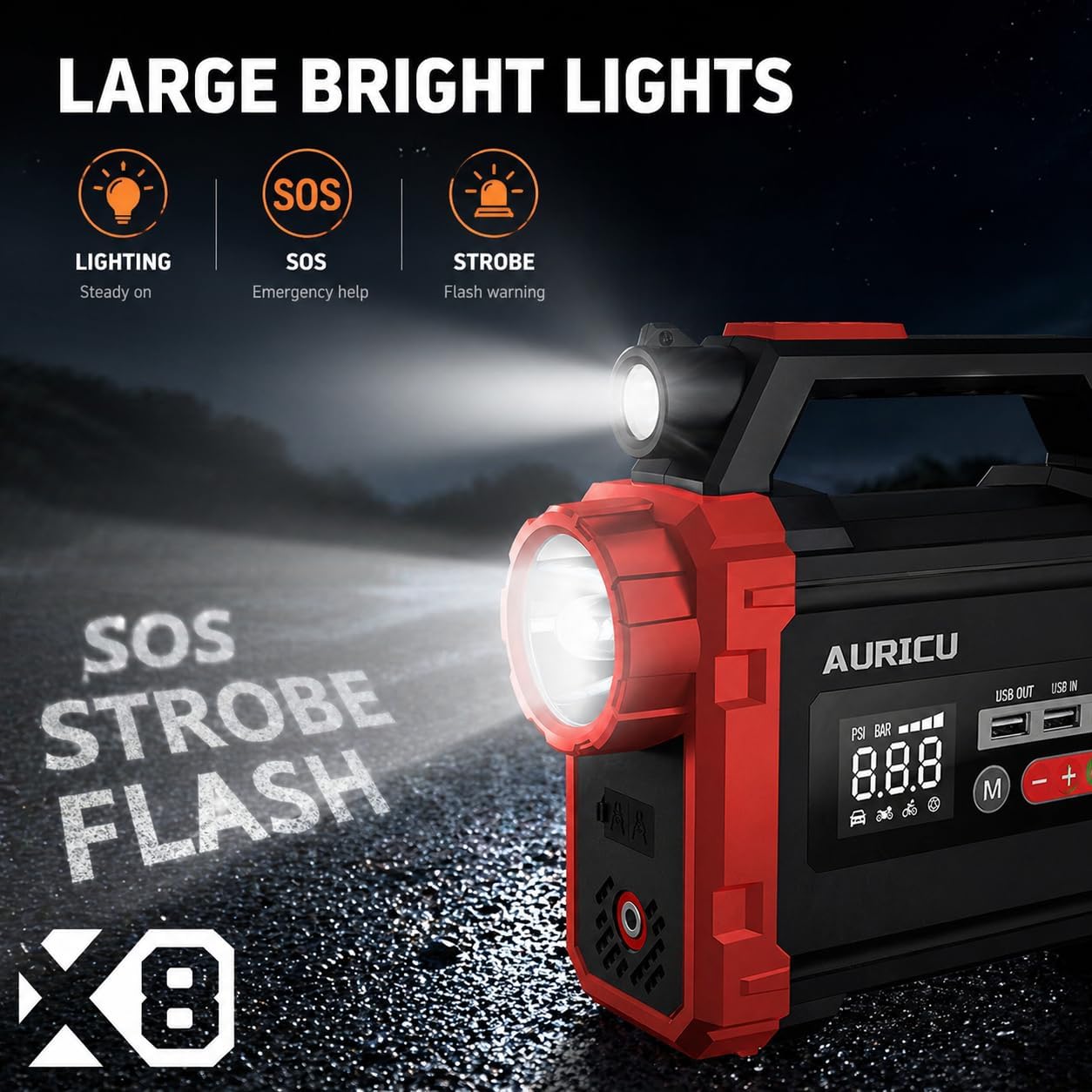 X8 2400A Jump Starter 150 PSI Air Compressor 12V Lithium Battery Booster Pack, Portable Jump Box, Power Bank & Jumper Cables for Max 8.0L Gas Engines and Max 6.0L Diesel Engine