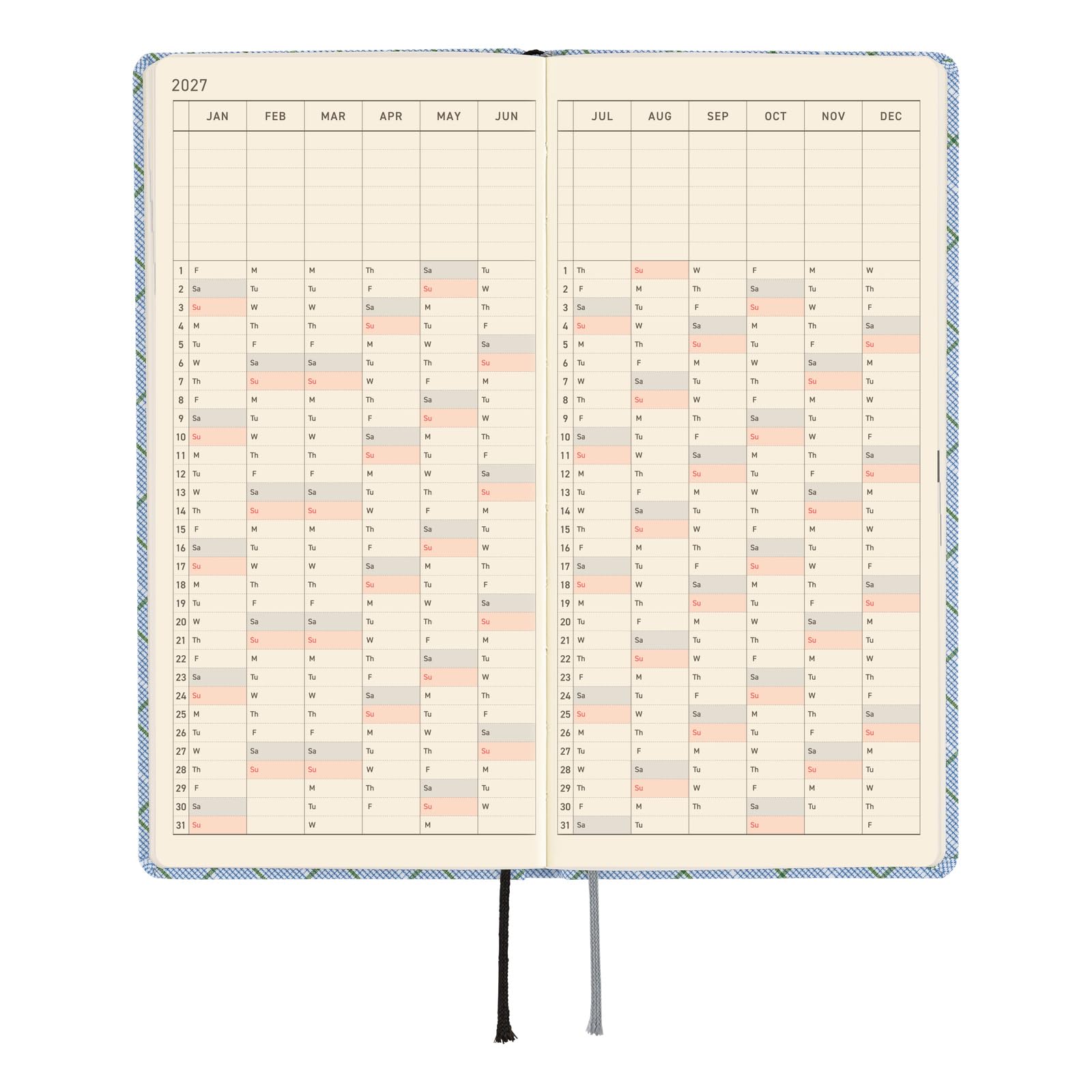 Hobonichi Techo 2027 Weeks – Shirt Fabric: Graph Plaid (English, Tall & Slim, January Start)