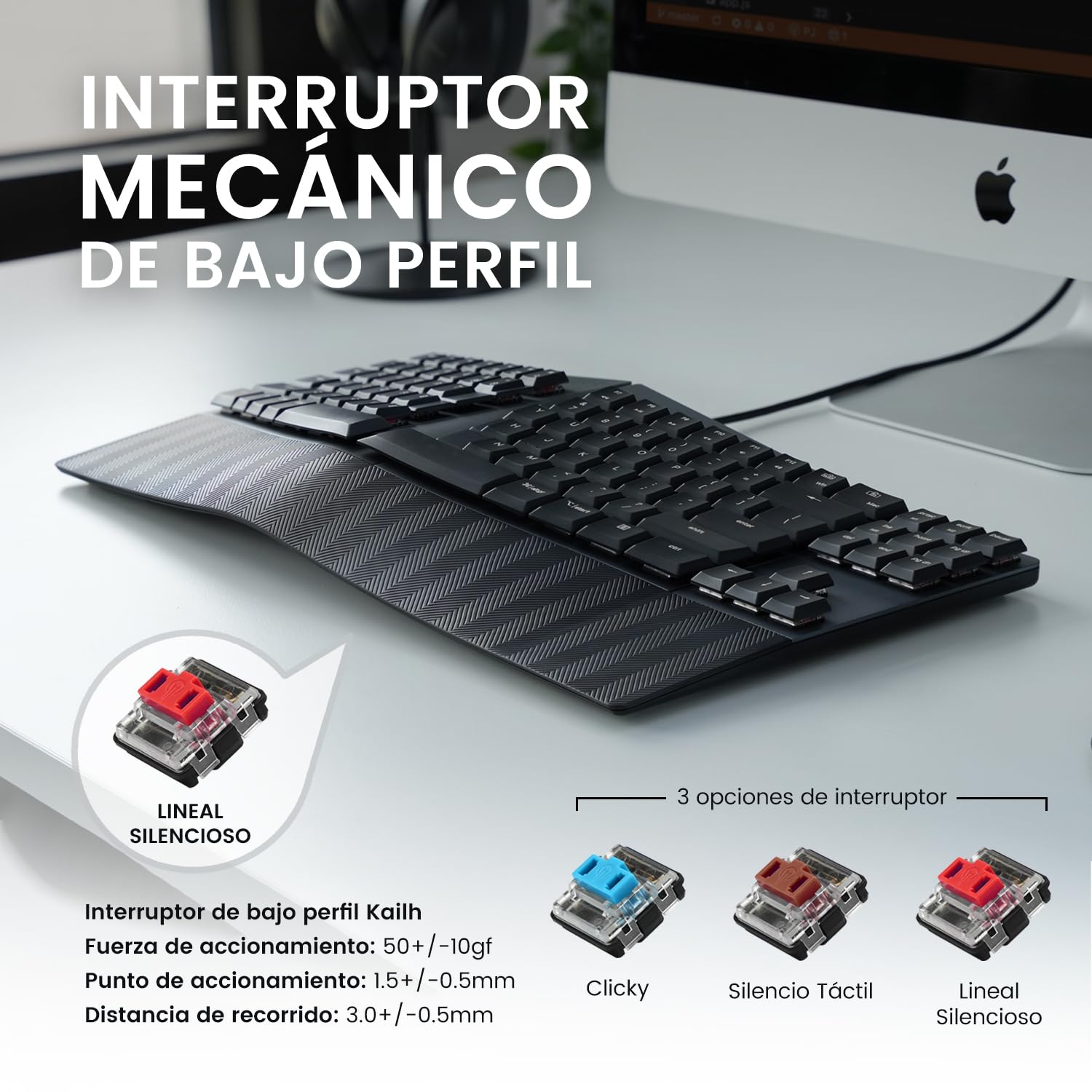 Perixx PERIBOARD-335RD ES Teclado compacto mecánico ergonómico con cavo - Interruptores lineales rojos de perfil bajo - Teclas programables - Compatibile con Windows e Mac OS X - Teclado español con ñ