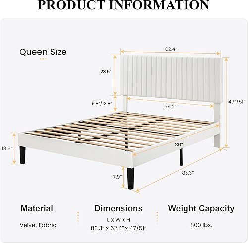Miniatura 10 de SHA CERLIN Base de cama de plataforma tapizada completa con cabecera ajustable, tela de terciopelo capitoné de canal vertical, soporte de listones
