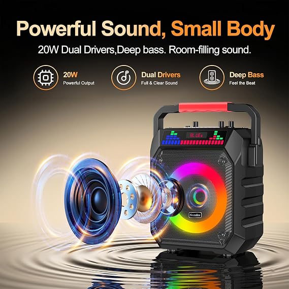 Karaoke Machine and 2 Wireless Microphones for Adults & Kids | Bluetooth Speaker with RGB Lights, Supports Bluetooth/USB/TF/AUX Inputs, Portable 2kg for Home Parties & Outdoor Events