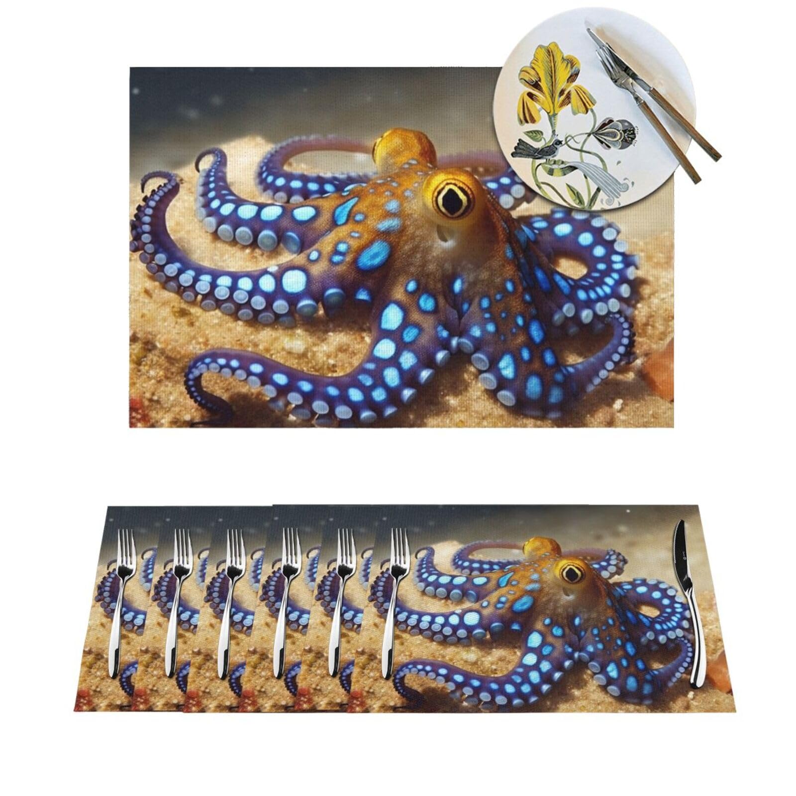 Set de table PVC lavable lot de 6 tapis de table tressés bleus motif poulpe