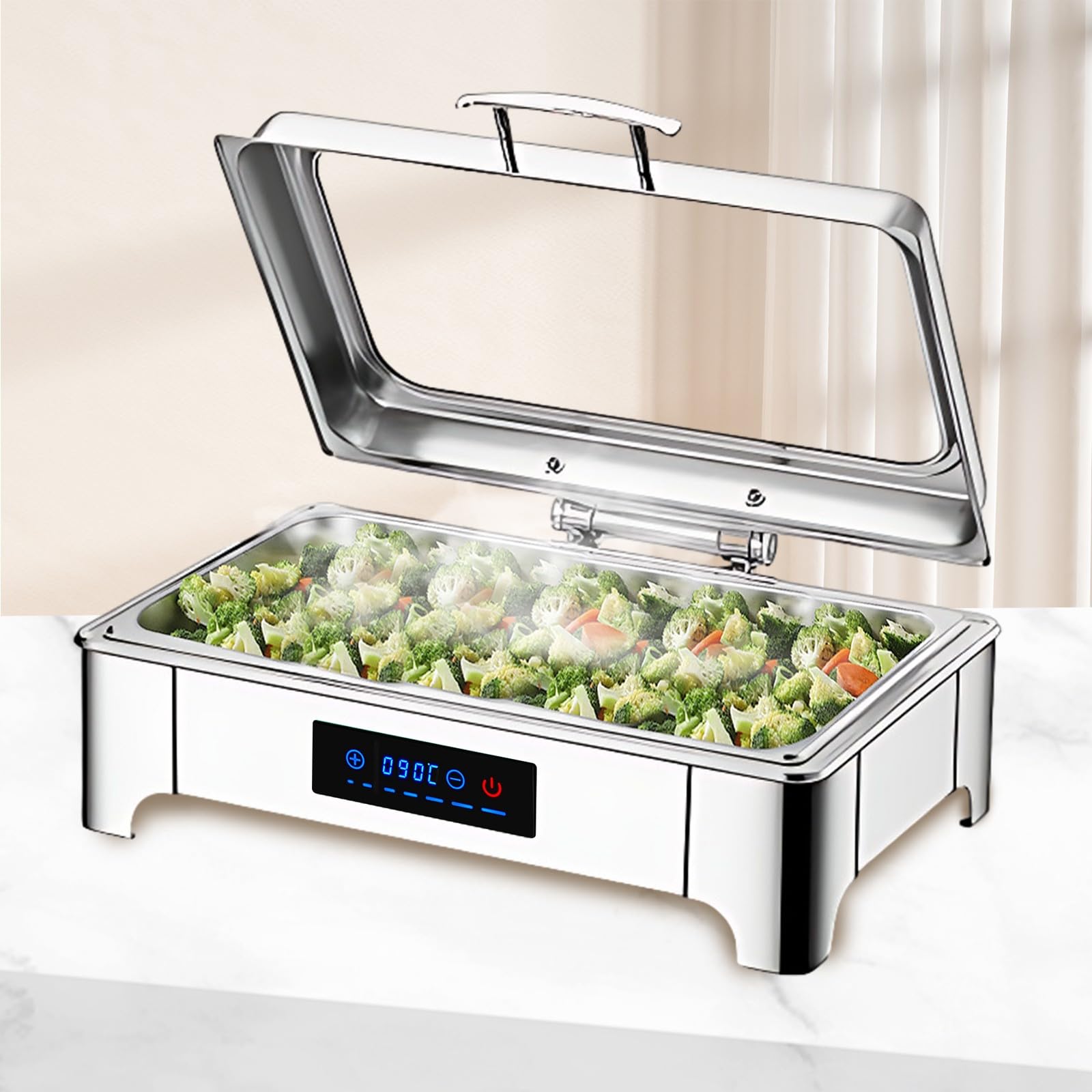 Elektrische Chafing Dish Glasdeckel, 9L Edelstahl(B,Full Pan)