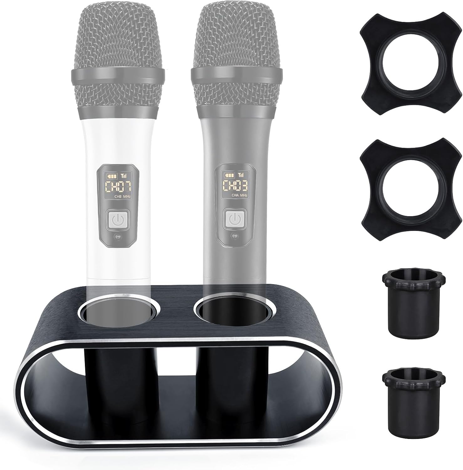 BILIONE Aluminum Alloy Desktop Microphones Storage Holder, Fashionable Tabletop Mics Organizer for Karaoke Wireless Microphones(Black)