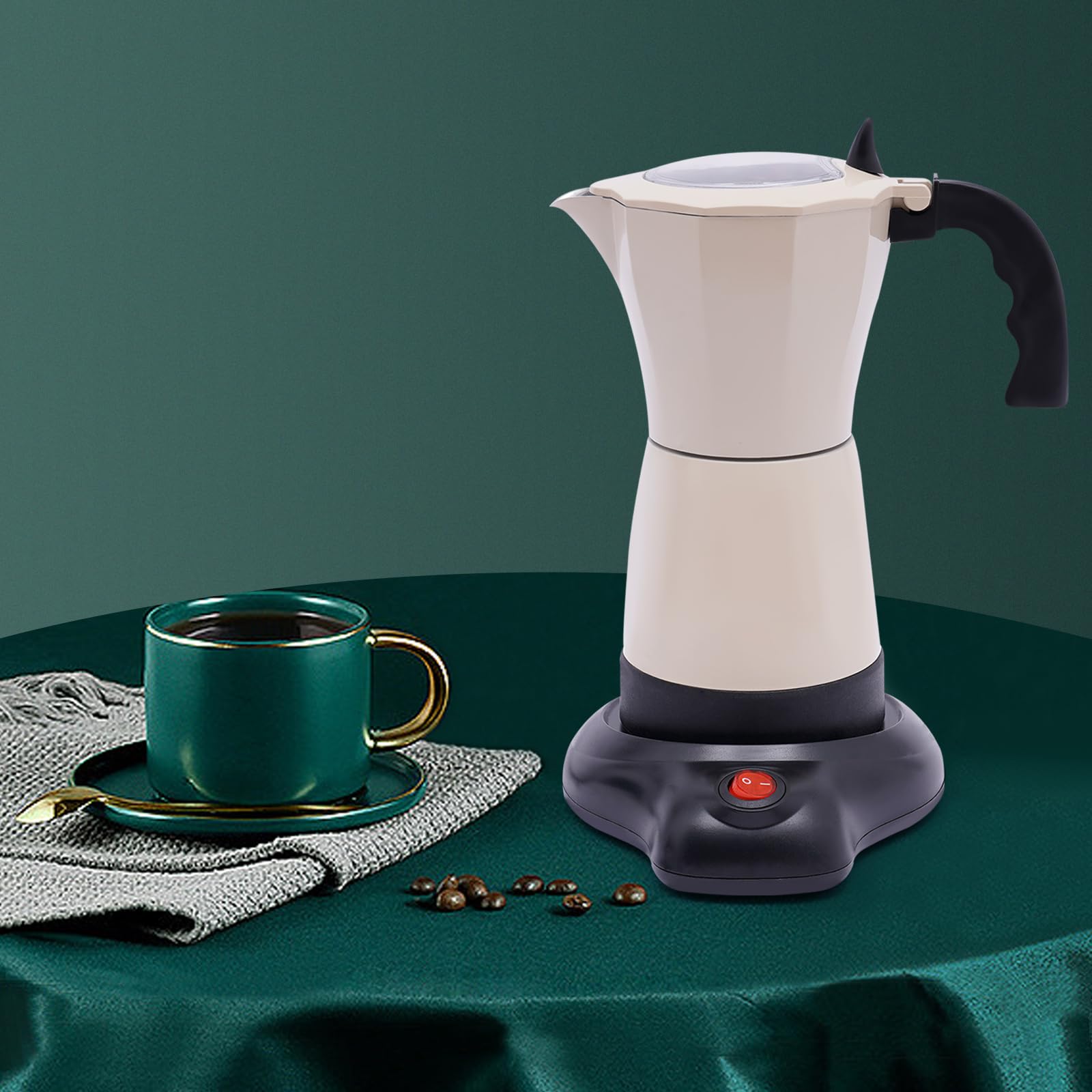 Caffettiera per caffè espresso, di alta qualità, adatta a induzione da 300 ml, base girevole, manico a contatto freddo, funzione di mantenimento del calore per gli amanti del caffè (bianco