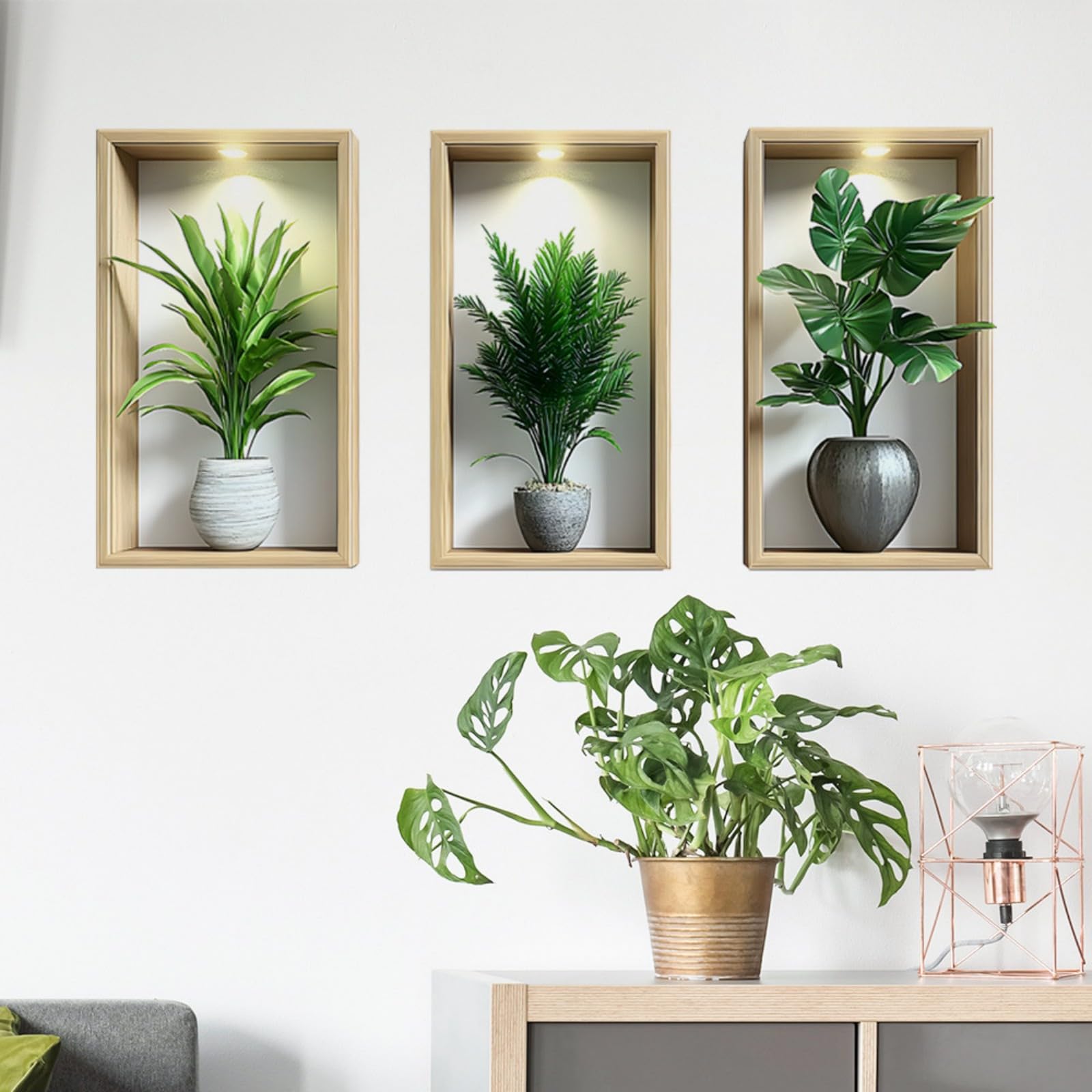 3Pcs Plant Wall Stickers,3D Green Potted Plant Waterproof Wall Art Stickers,3D Plant Wall Sticker for Living Room Bedroom Bathroom Kitchen Office Decor(19.3x11inch)