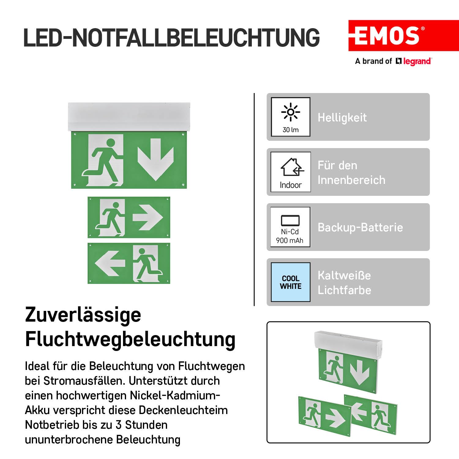 EMOS - Éclairage de secours LED - Éclairage de secours - Batterie incluse - Lampe de secours avec bouton de test manuel - Mode d'urgence 3 heures - Montage mural et au plafond - Lumière blanche froide
