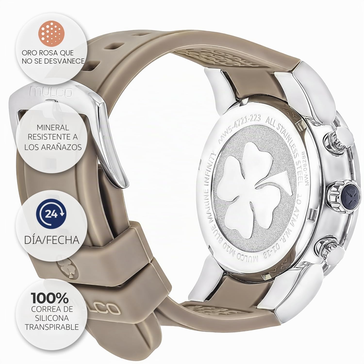 Mulco Blue Marine - Reloj de cuarzo multifuncional para mujer, correa de acero inoxidable y silicona, pantalla analógica, tonos Swarovski y detalles de oro rosa resistente al agua