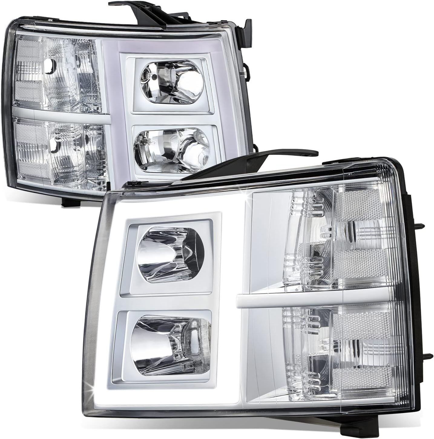 DNA MOTORING Pair LED DRL Headlights Compatible with 07-13 Chevy Silverado 1500 07-14 Silverado 2500 3500 HD, Chrome/Amber, HL-LED-CSIL07-CH-AM