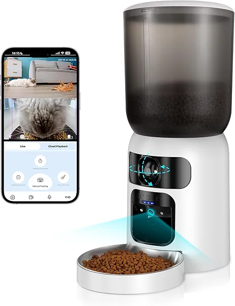 Kulahlik 6L AI Automatic Cat Feeder with Dual Camera, 1080P HD Night Vision & Dual Power Supply, Easy Setup Timed Food Dispenser with Desiccant Bag for Cats & Dogs, 5G WiFi Pet Feeder with 2-Way Audio
