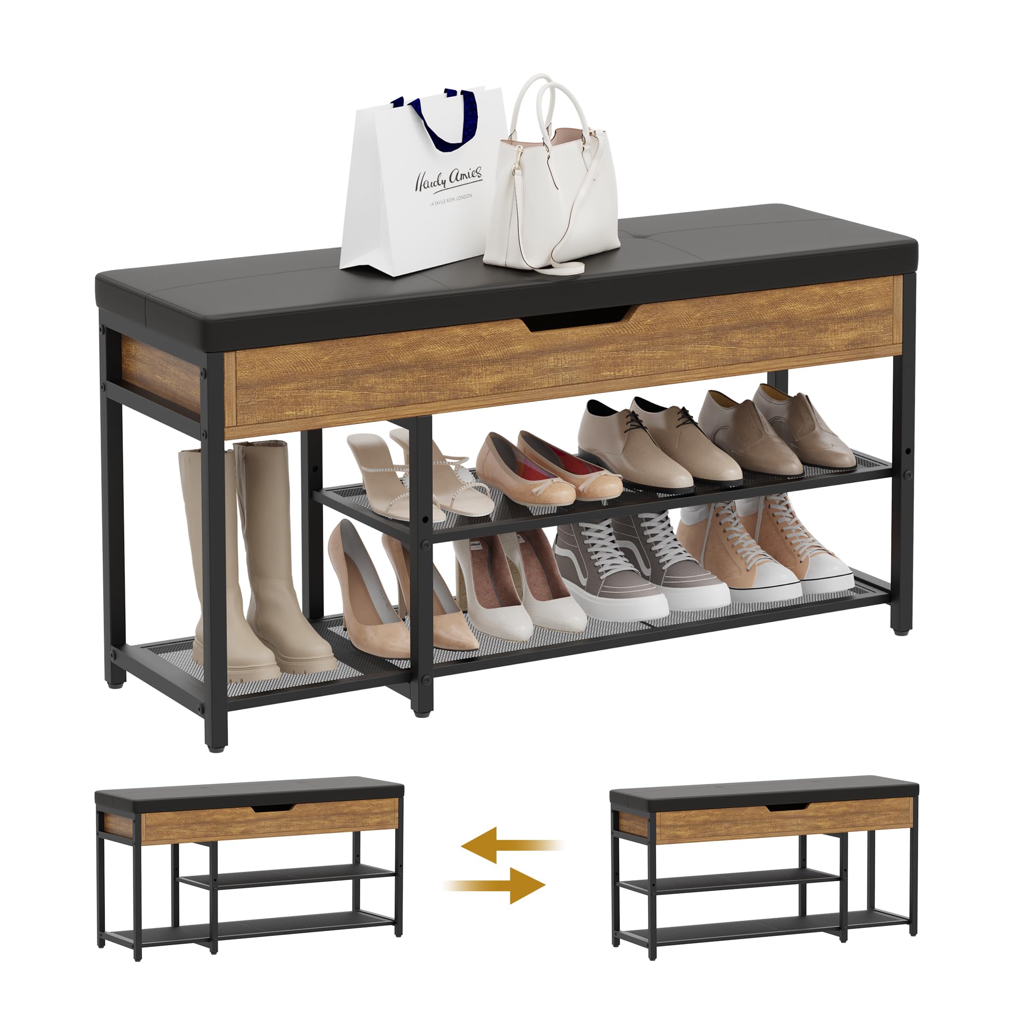 Mondeer Schuhbank mit Gepolstertem Sitzfläche, Schuhregal mit 2 verstellbares Gitterablagen Stauraum unter dem Deckel Industriestil für Flur Eingang Schlafzimmer, 96 x 30 x 50 cm, Vintagebraun-schwarz