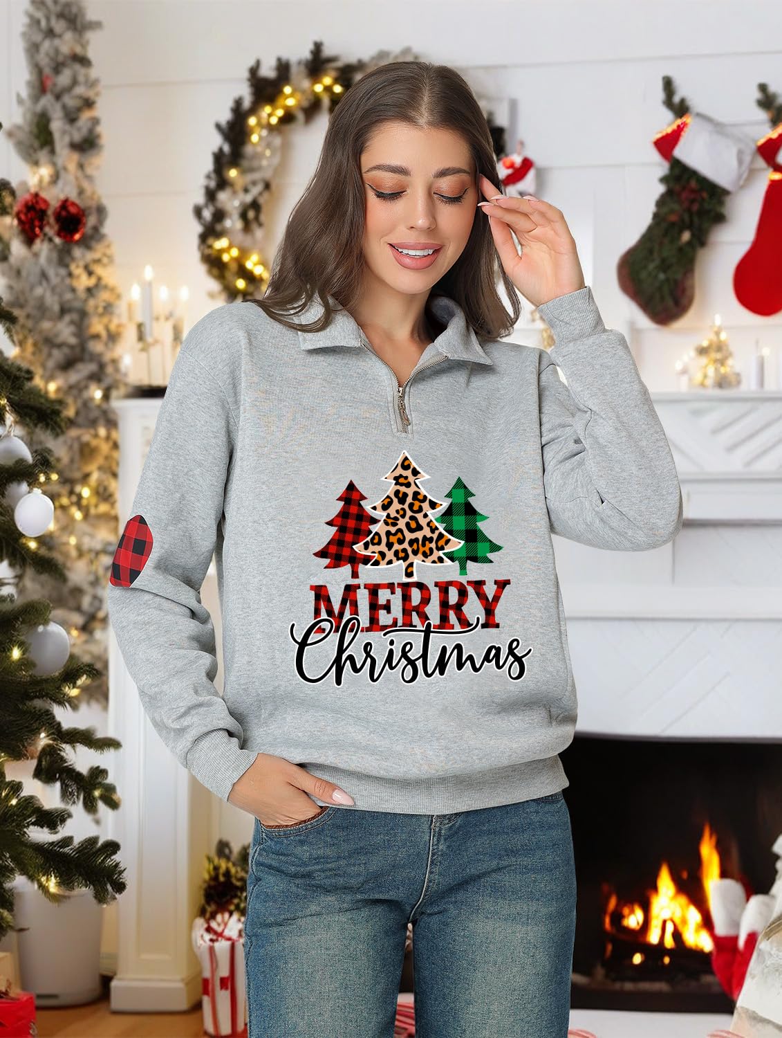 Glimnerize Christmas Womens Tops Sweatshirt Christmas Jumper Gnome Funny Graphic 1/4 Zip Standing Collar Hoodie Grey-A3 XXL - Image 2