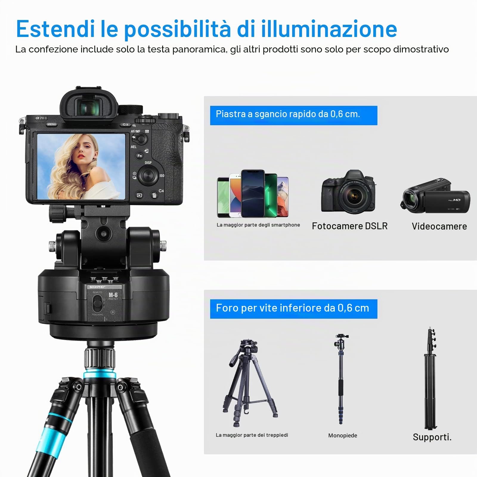 Soonpho M6 Auto Face Tracking Motorized Rotating Panoramic Tripod Head, AI Smart Face Body Tracking Remote Control Pan Tilt Head con telecomando e clip per cellulare