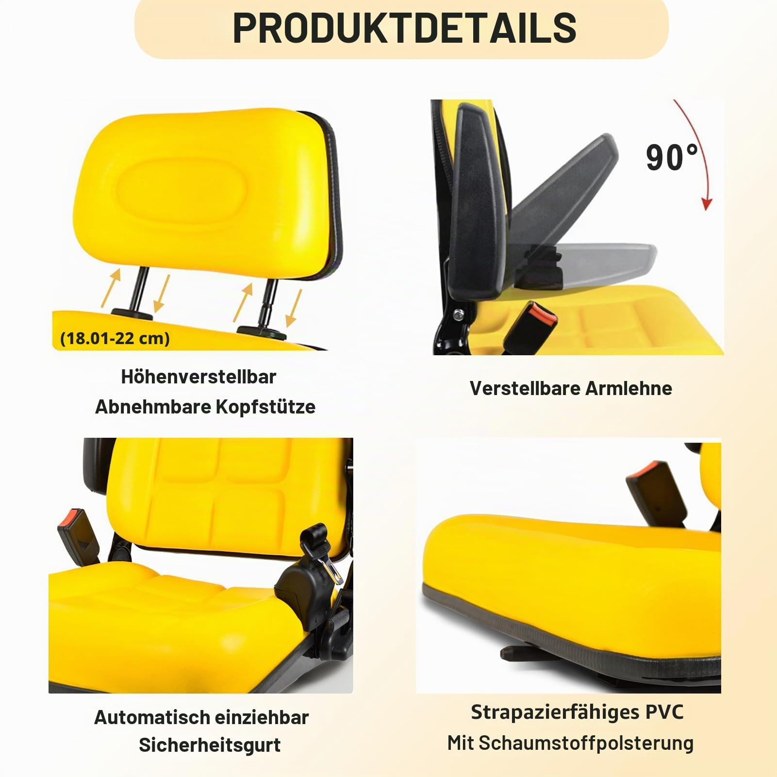 Universaler Traktorsitz mit verstellbarer Rückenlehne und Kopfstütze, gelber Gabelstaplersitz mit Armlehne und Sicherheitsgurt
