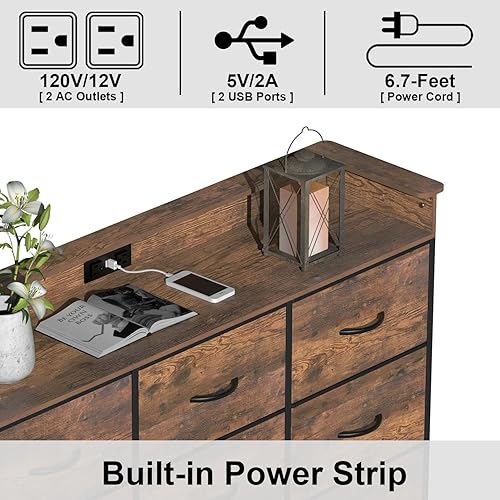 Miniatura 3 de EXOTICA Cómoda industrial para dormitorio con estación de carga y luz LED, cómoda de almacenamiento de tela con 9 cajones de tela, cómoda para