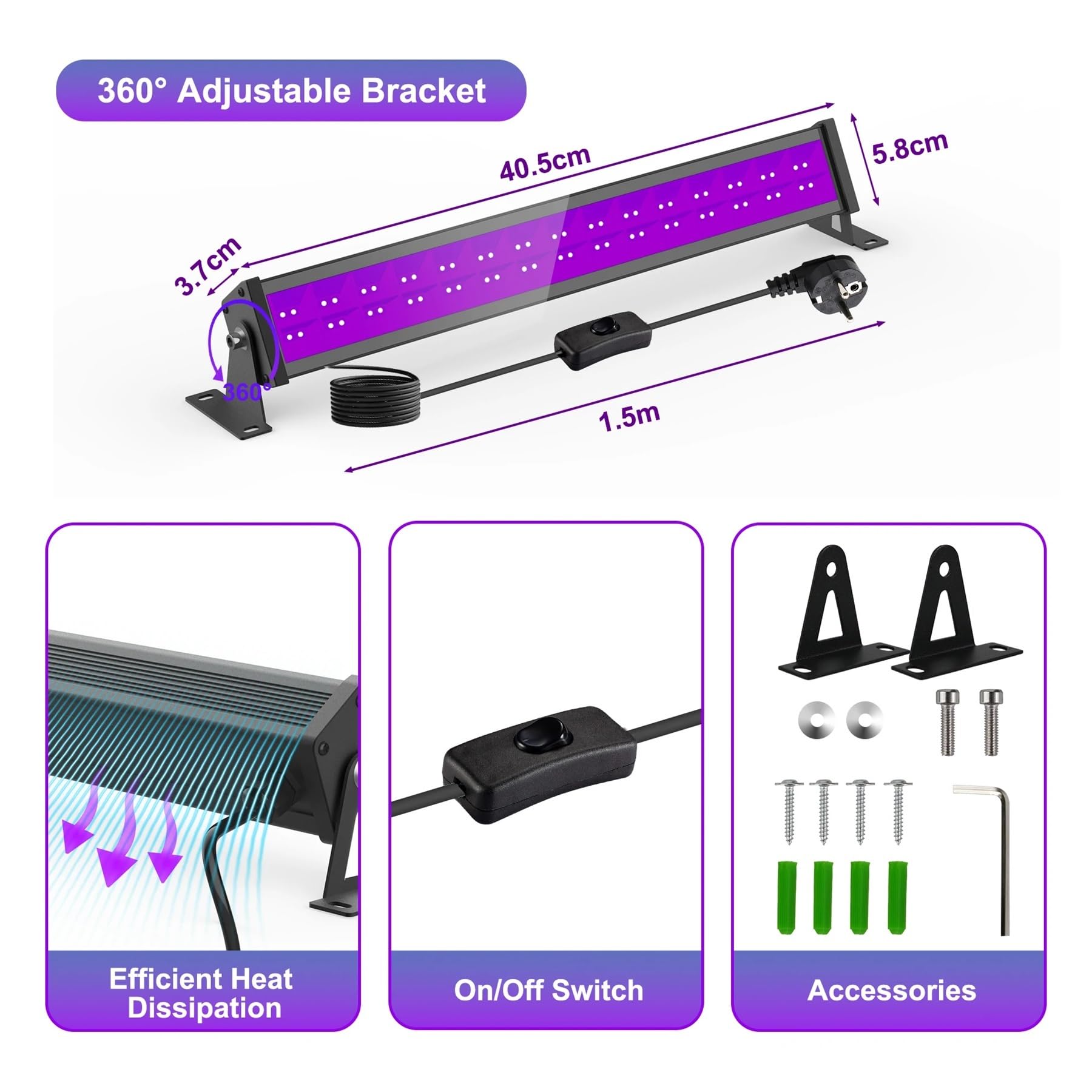 1/2 Projecteur LED UV 60 LED 400-405 nm, Lampe de scène ultraviolette, étanche, for discothèque et fêtes.(2pcs)