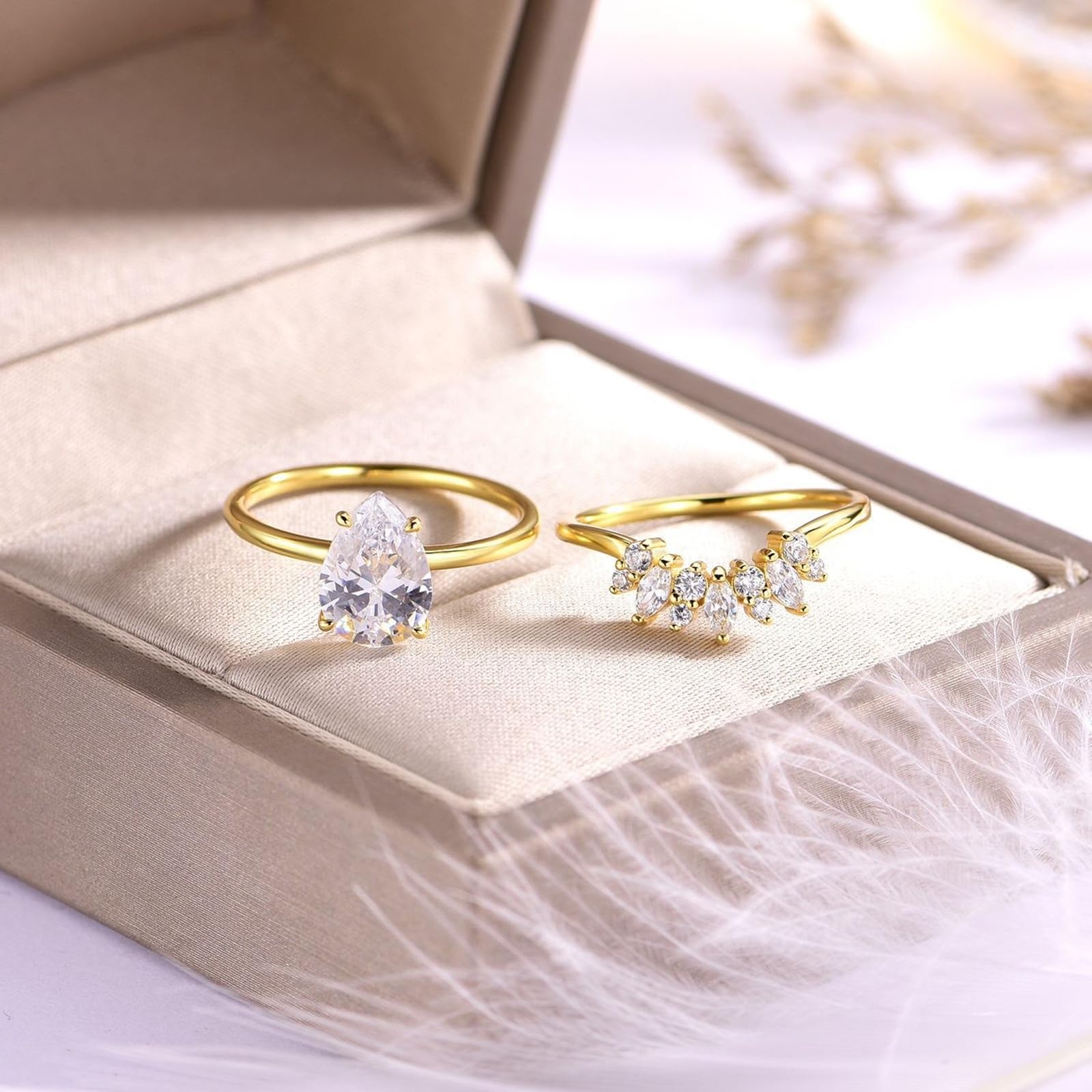 Anillo de oro para mujer, oro blanco, 2 unidades con moissanite de 2 quilates, anillo de boda, apilable, oro real