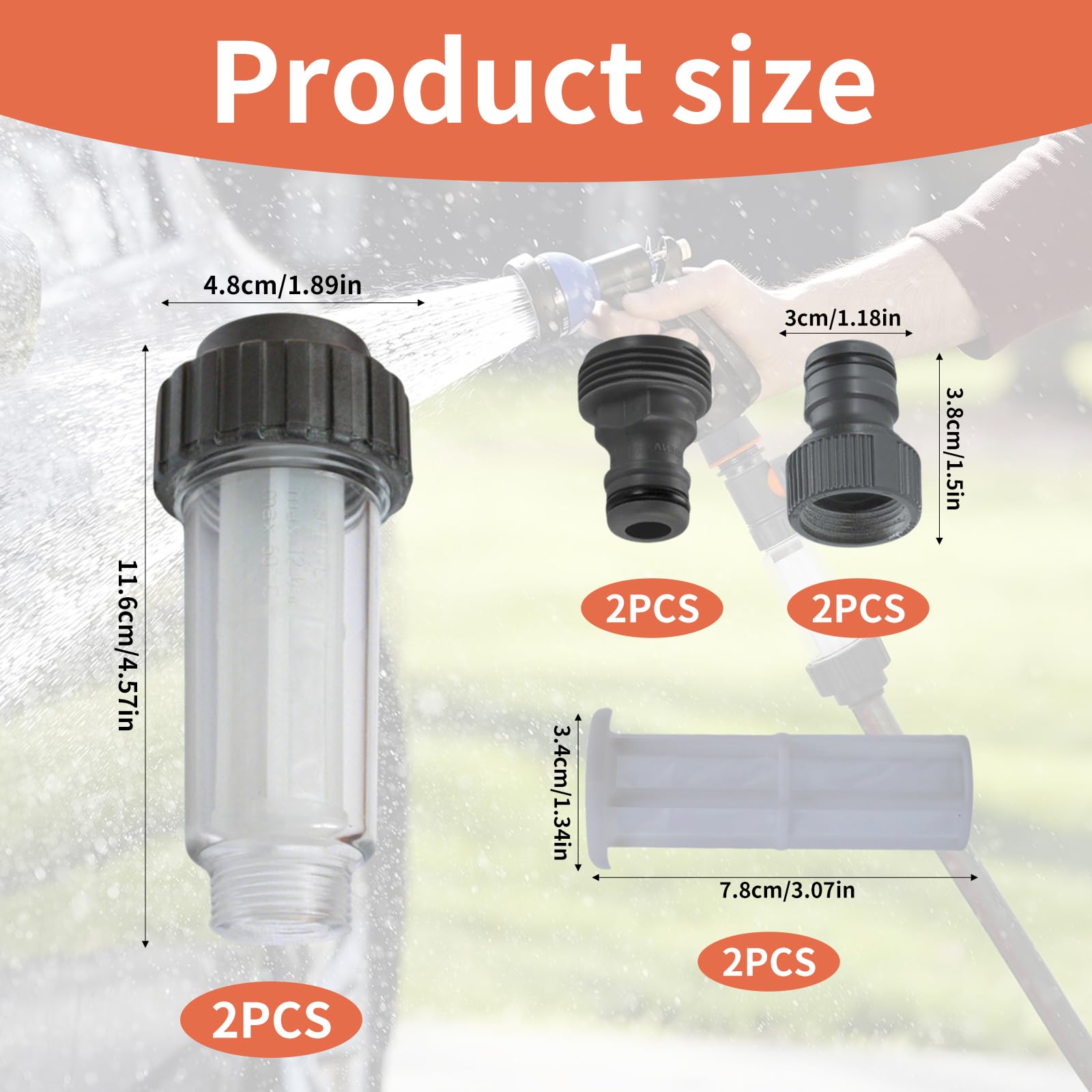 Conjunto de Filtros de Agua para Hidrolimpiadora, Filtro 3/4" para Manguera de Jardín, Kit con 2 Filtros, 4 Cartuchos de Repuesto y Conectores, Compatible con Kärcher K2–K7
