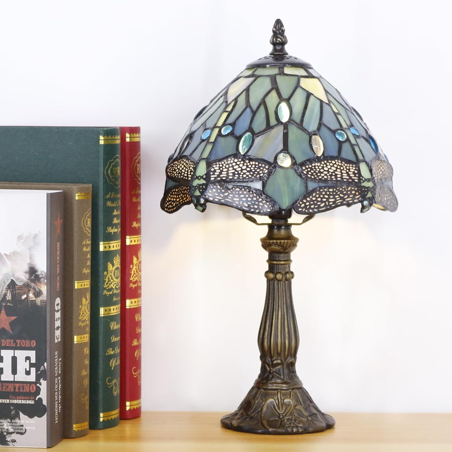 Small Tiffany Lamp Stained Glass Desk Lamp Vintage Tiffany Bedside Table Lamp for Home Living Room Bedroom Nightstand 8X15 Inch (Yellow Fish Scale Style) (Sea Blue Dragonfly)