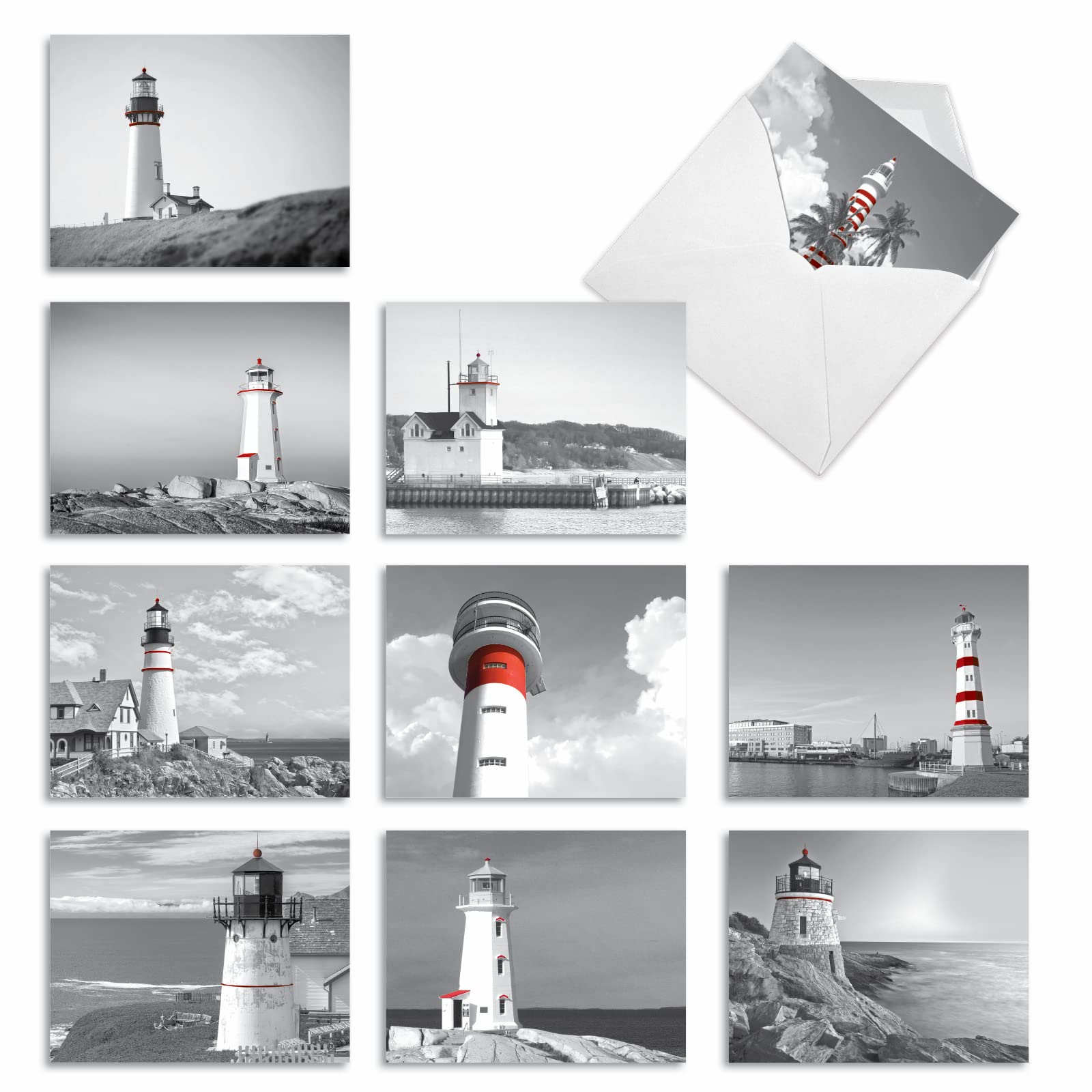 Best Card Co 10 Mini Bulk Notecards Red Beacons Lighthouses M1707BN