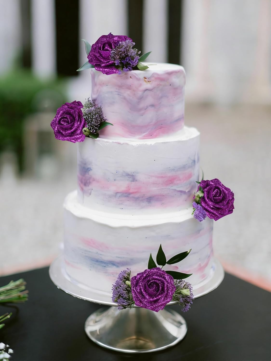 IPOPU Purple Glitter Roses Bouquet,30PCS Faux Sparkling Flowers 3.15" Artificial Roses with Stems for DIY Wedding Christmas Home Party Decor - Image 4