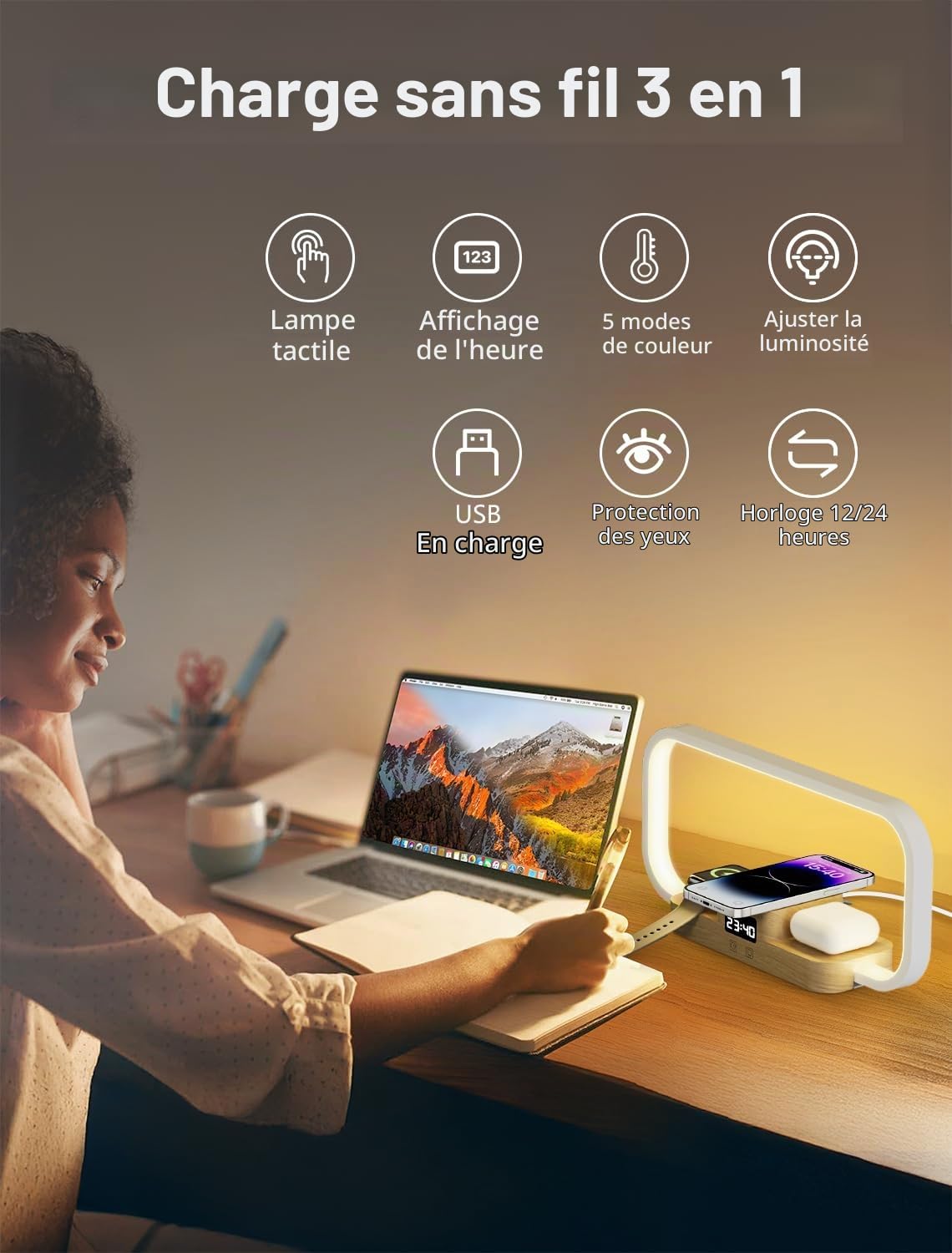 Lampe de Chevet Chargeur sans Fil, Lampe de Table Dimmable 5 Couleurs à Commande Tactile, Lampe Bureau avec Horloge et Port USB, pour Lecture Chambre Bureau, Blanc
