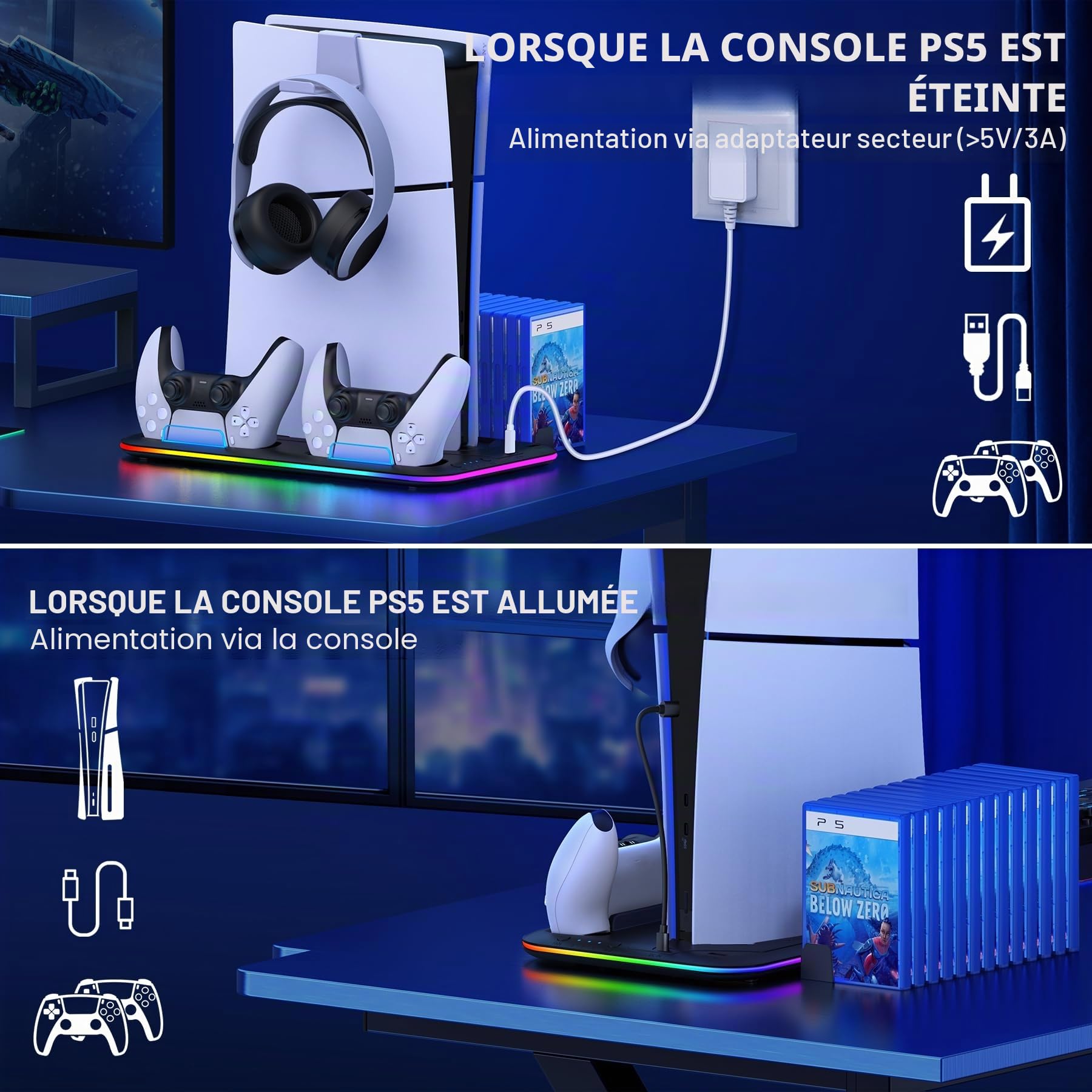 ALEEMTRY Accessoire PS5 Slim Nouveau, Support avec Ventilateur à 3 Vitesses/Lumière RVB/Stockage de 15 Jeux pour PS5 Slim Disc et Console Numérique (Noir)