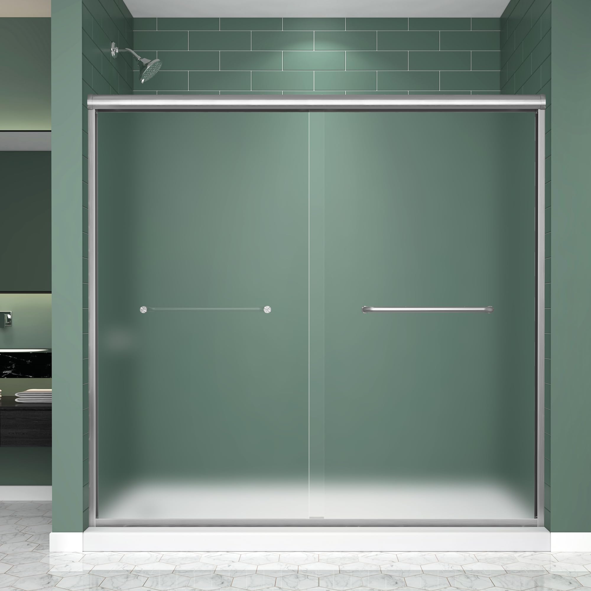 Frosted Double Sliding Shower Door 67-67-72" W x 70" H, Brushed Nickel, Bypass Shower Door, Framed, 1/4" (6mm) Tempered Glass