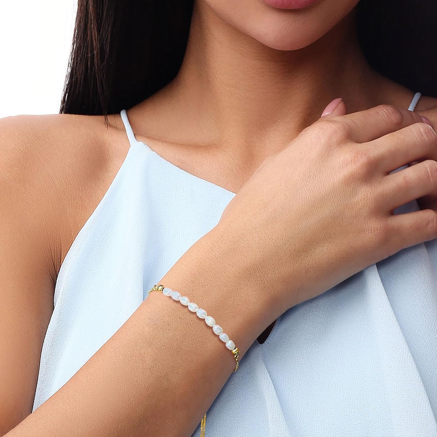 Dainty Gold Bracelets for Women | 18K Gold Plated Freshwater Cultured Pearl Bracelet for Women Adjustable Chain Cute Pearl Jewelry Christmas Gift Valentine's Day Gift - Image 2