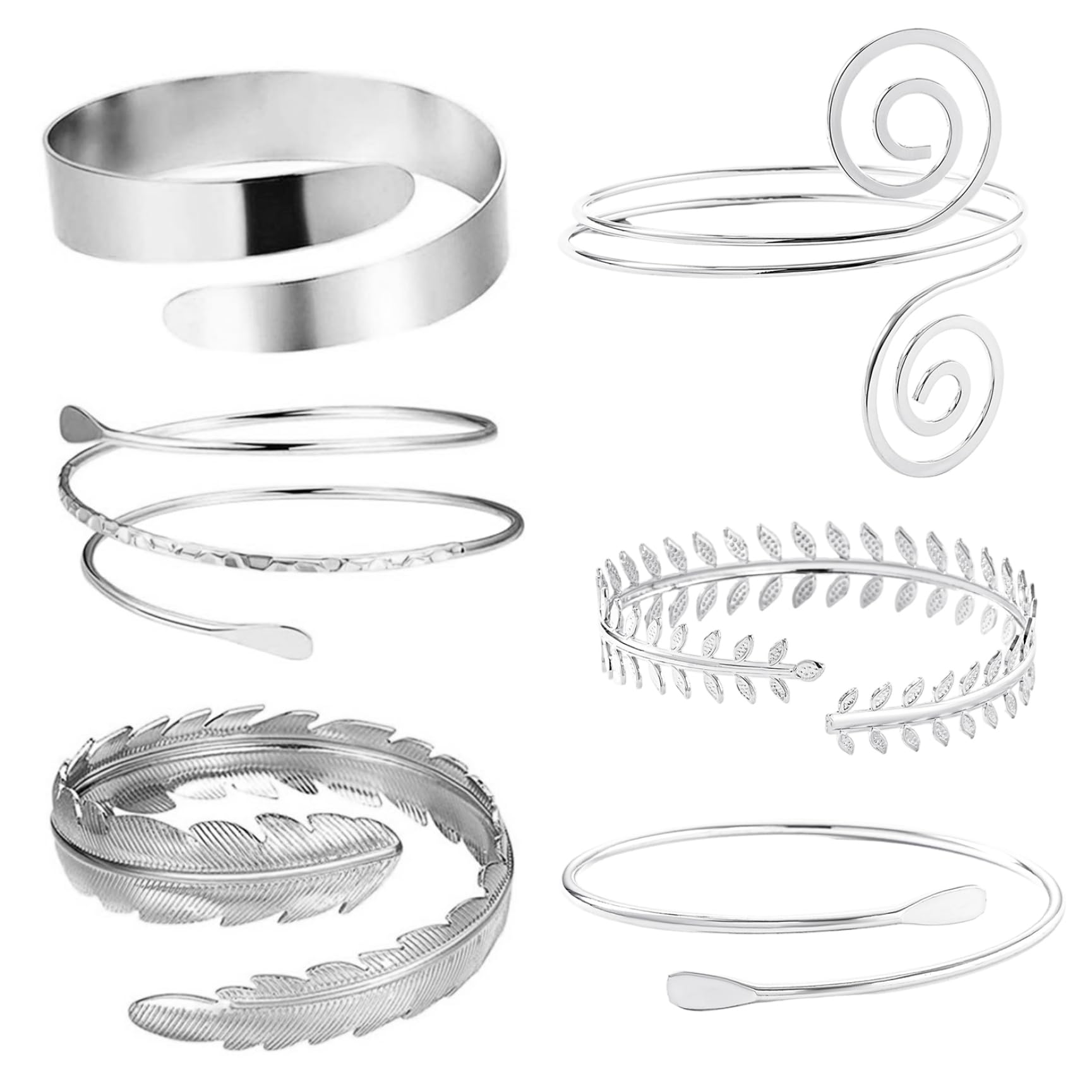 Ngbbby 6 brazaletes de brazo plateados para mujer, joyería para mujer, brazalete de metal ajustable, conjunto para fiesta, espectáculo, fotografía, graduación