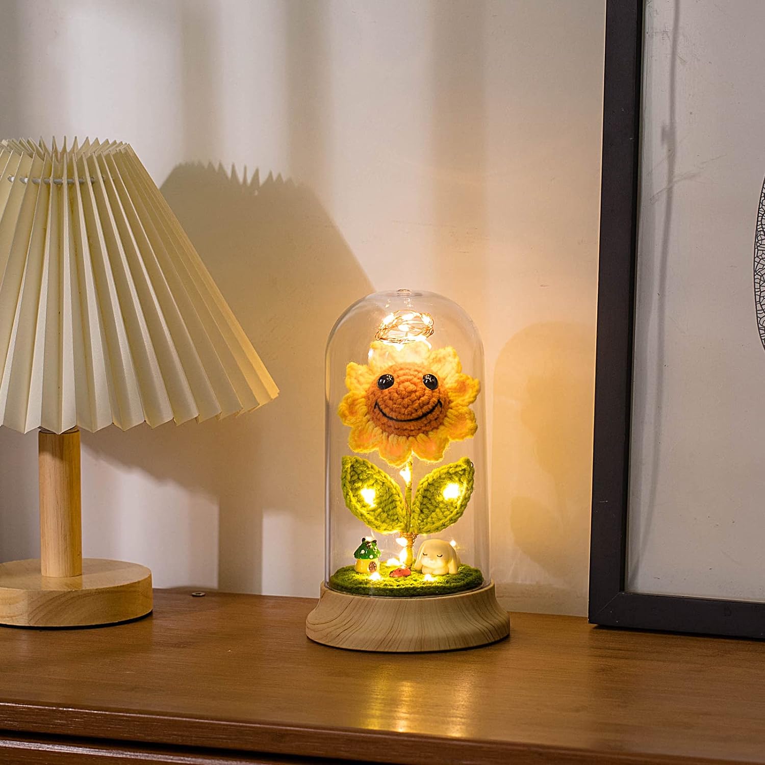 Eternal Sunflower Gifts for Women, Crochet Artificial Sun Flower Decor in Plastic Dome with Led, for Her Mom Mothers Day Birthday Anniversary Christmas Valentine Gifts (Yellow)