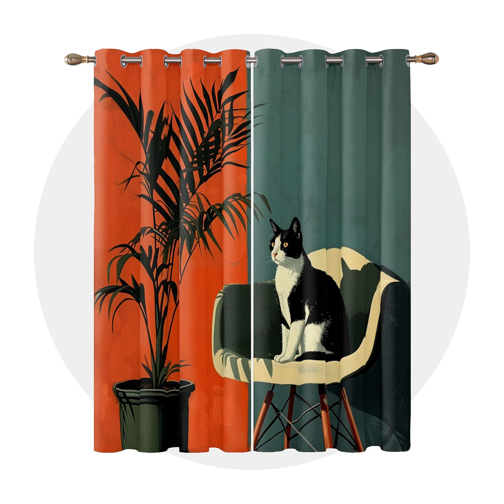 Rideau Occultant Chat - Rideau Thermique Motif Bloc de Couleur Vertes Orange Brûlé, Rideaux Chambre Salon Fenetre, Lot de 2 Rideaux et Draperies Intérieurs à Oeillets, 117x183 cm (LxH) N#-125