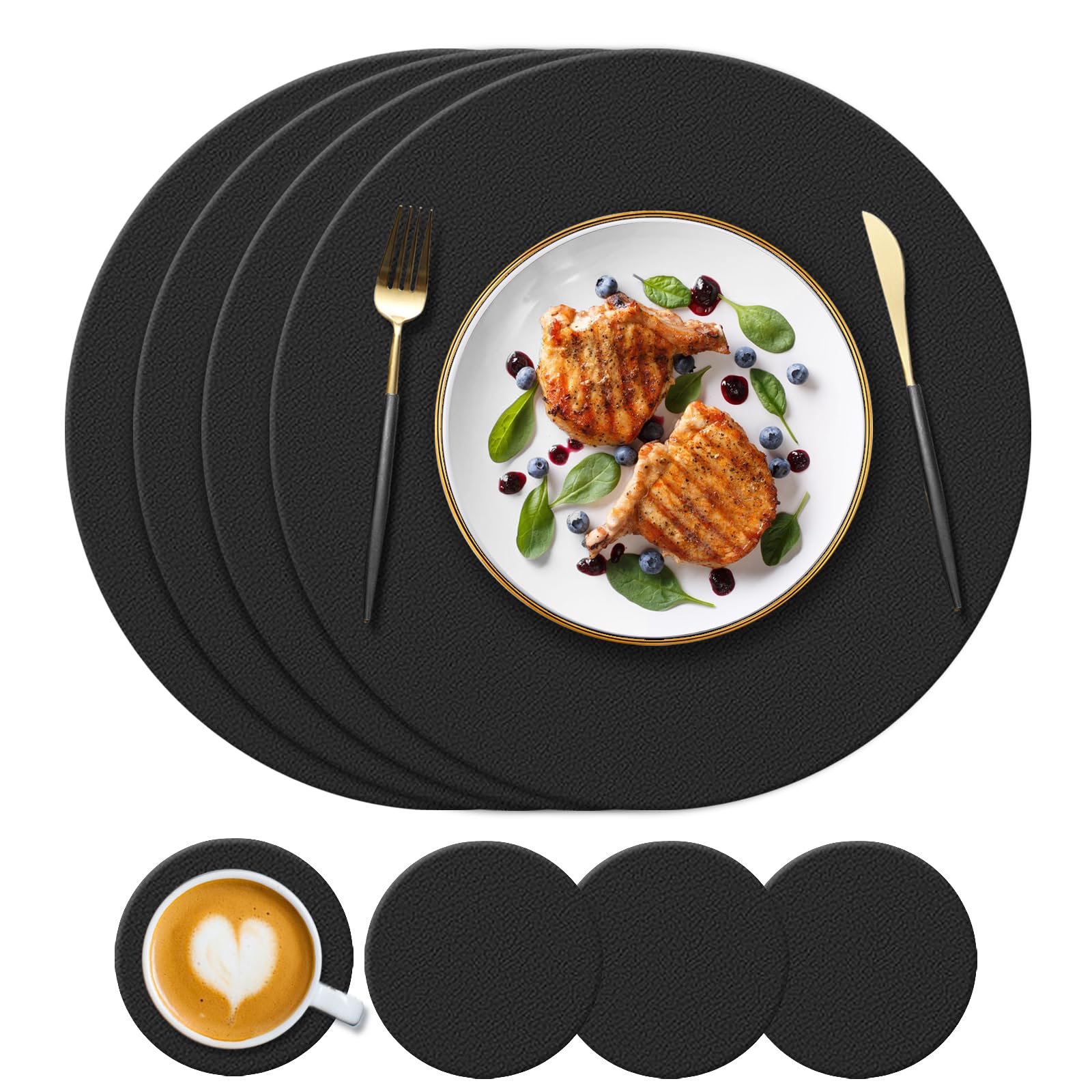 KERYCHIN Round Leather Placeats (34c) And Coasters (10c) Set Of 4, Heat-Resistant 212 °F, Non