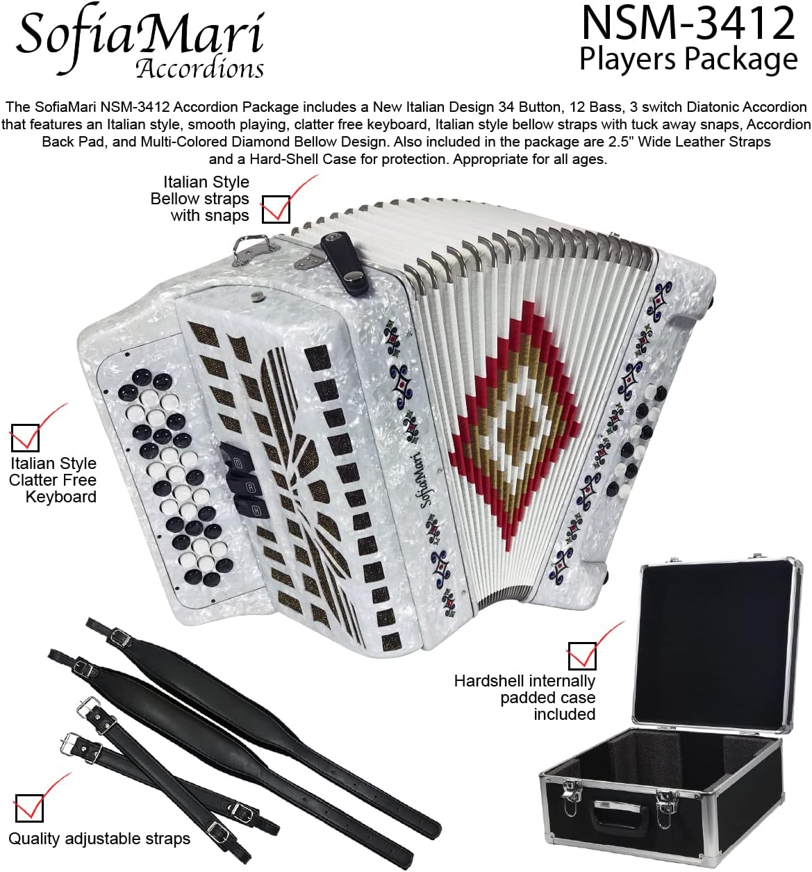 NSM3412 Accordion Package: 34 Button, 12 Bass, 3 Switch Accordion with Case and Straps (Fa/FBE, White Pearl)