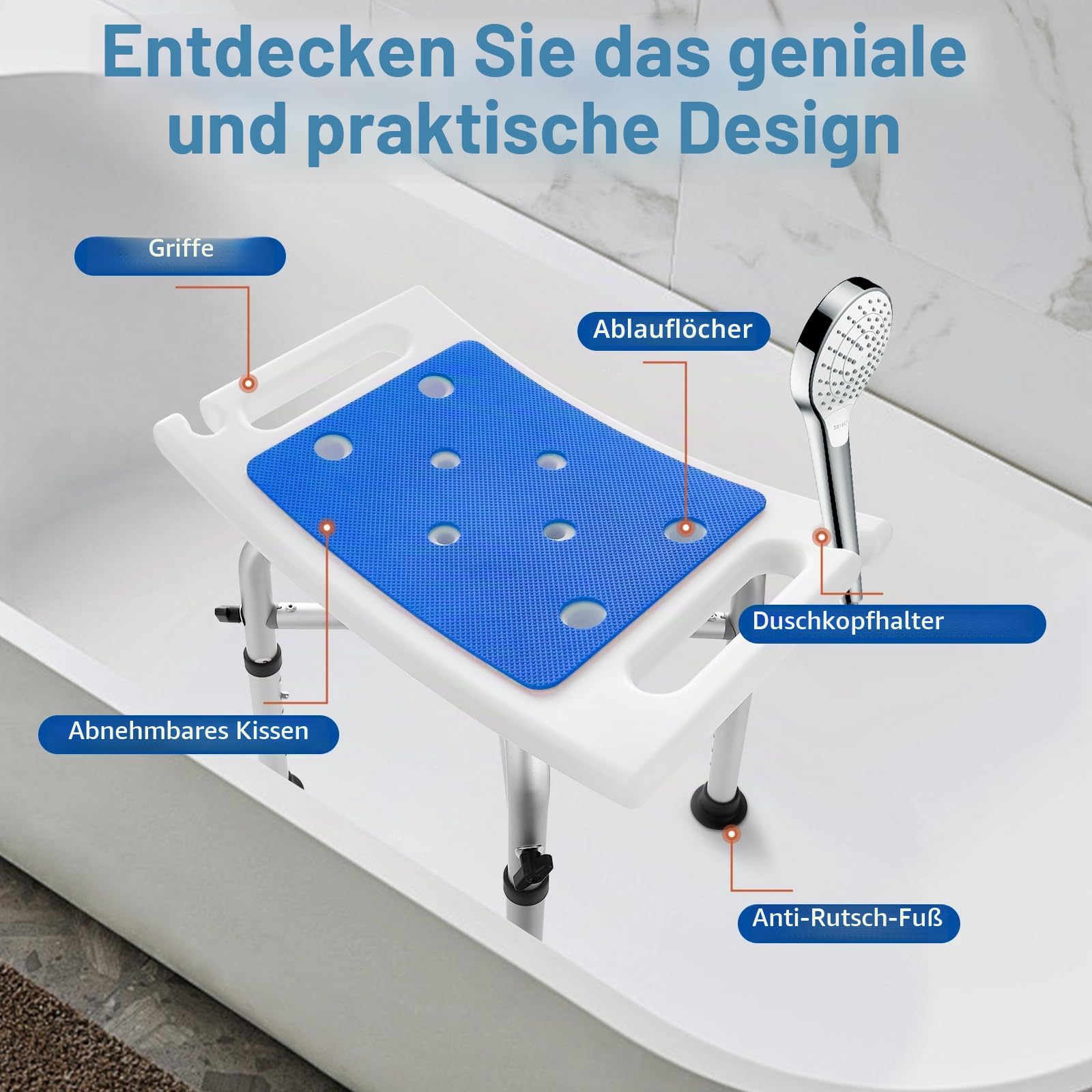 Duschhocker, Badestuhl, höhenverstellbar, mit Stabiler Querstange für Senioren, Erwachsene, Kinder, Rutschfester Duschsitz Duschstuhl für Innenduschen (ohne Duschkopf)