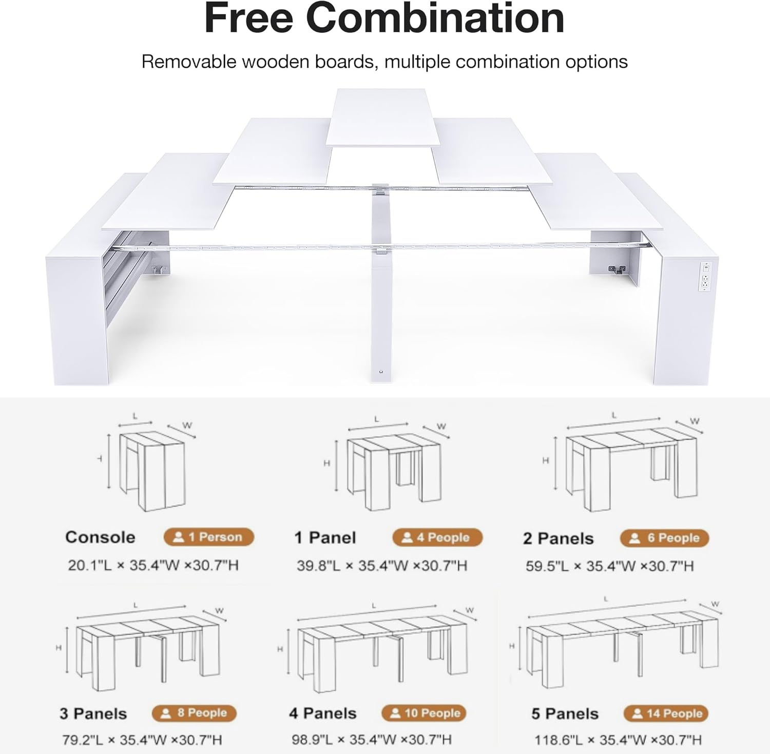 Kikihouse Modern Extendable Dining Table for 2 to 12 People with Outlet, Space Saving Expanding Table with Storage for Party, Weddings, Meetings, Celebrations (White)