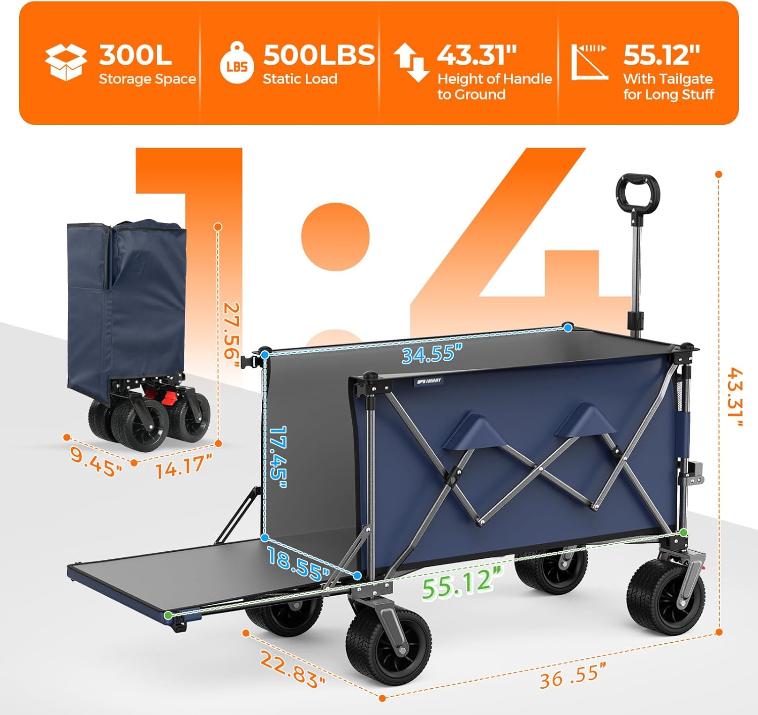 55" Collapsible Wagon with Tailgate & Brakes - 500LBS Heavy Duty Multi-Terrain Cart, 300L Foldable Utility Wagon with Cup Holders & Side Pockets for Beach Sand Camping Sports Shopping (Blue)